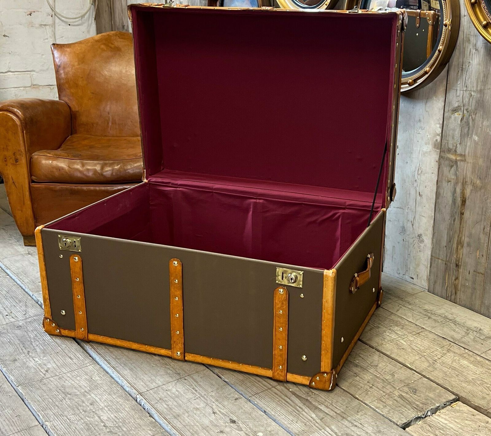 Bespoke Coffee Table , Olive Millerain & English Tan Bridle Leather Trimmed Handmade Trunk photo for sale