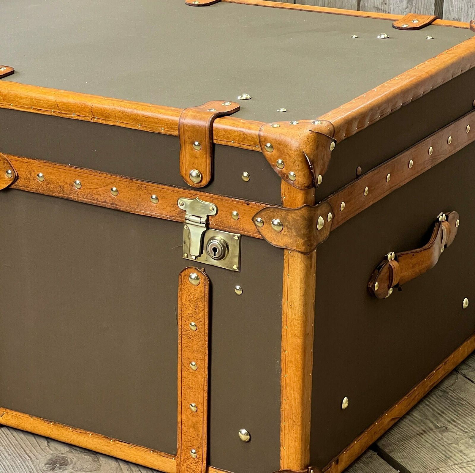 Bespoke Coffee Table , Olive Millerain & English Tan Bridle Leather Trimmed Handmade Trunk photo 1724.0