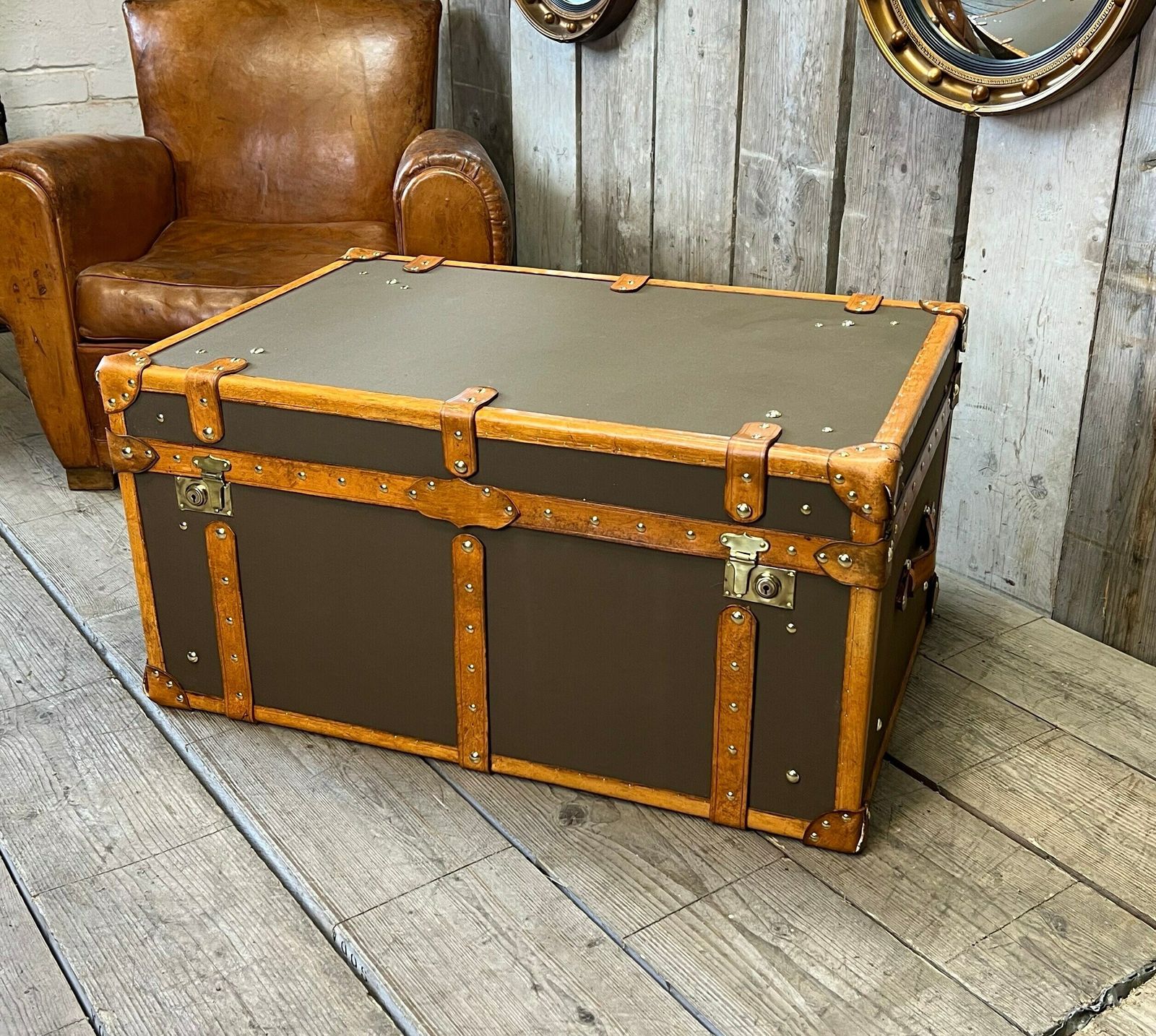 Bespoke Coffee Table , Olive Millerain & English Tan Bridle Leather Trimmed Handmade Trunk photo vintage