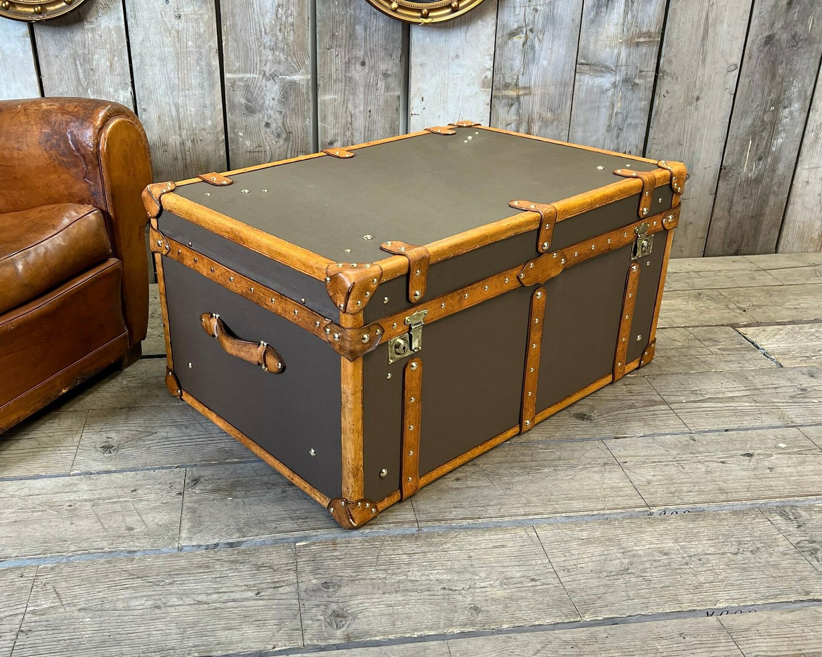 photo for sale Bespoke Coffee Table , Olive Millerain & English Tan Bridle Leather Trimmed Handmade Trunk