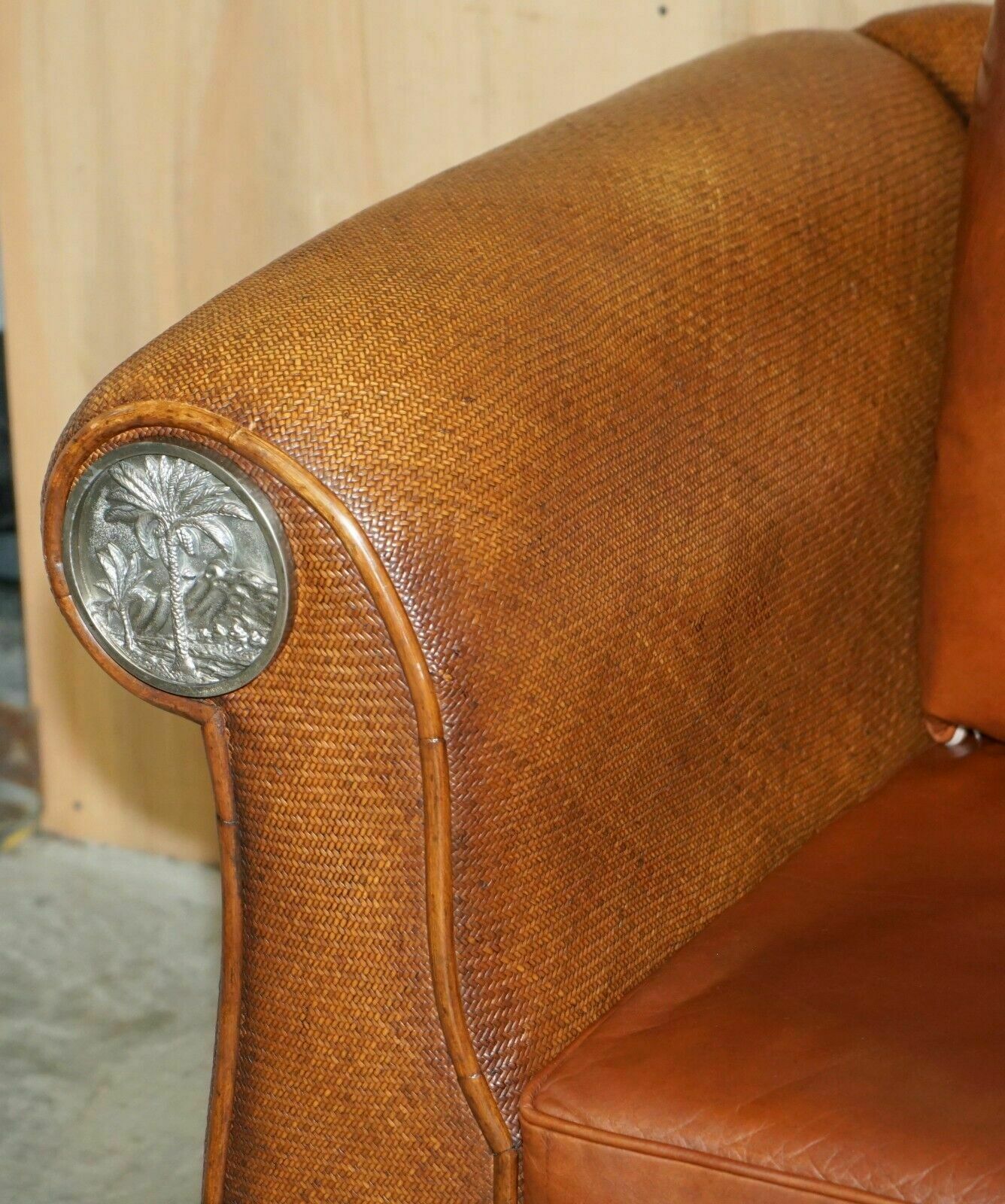 Rare Pair Of Thomasville Safari Brown Leather Woven Sofas Part Of Large Suite photo vinterior