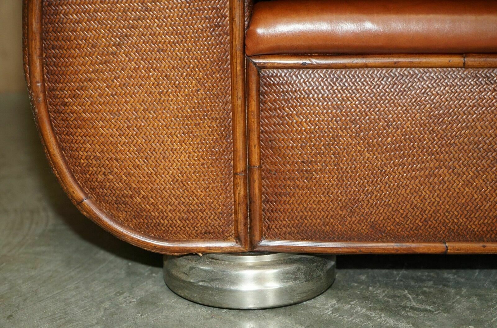 photo furniture Rare Pair Of Thomasville Safari Brown Leather Woven Sofas Part Of Large Suite