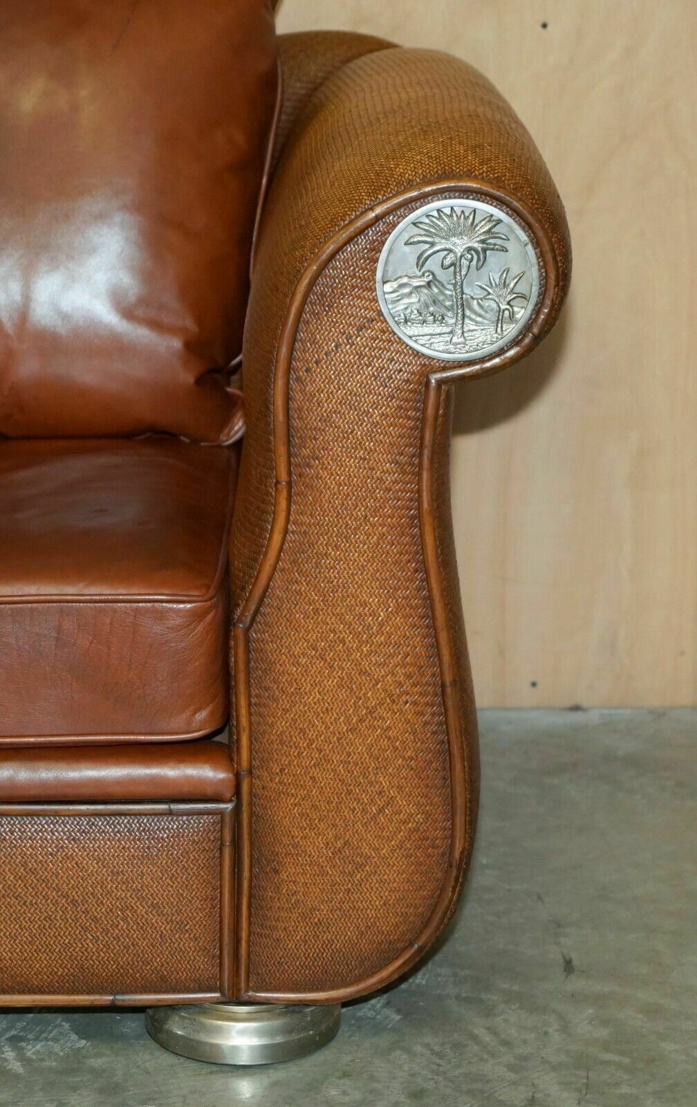 photo buy Rare Pair Of Thomasville Safari Brown Leather Woven Sofas Part Of Large Suite