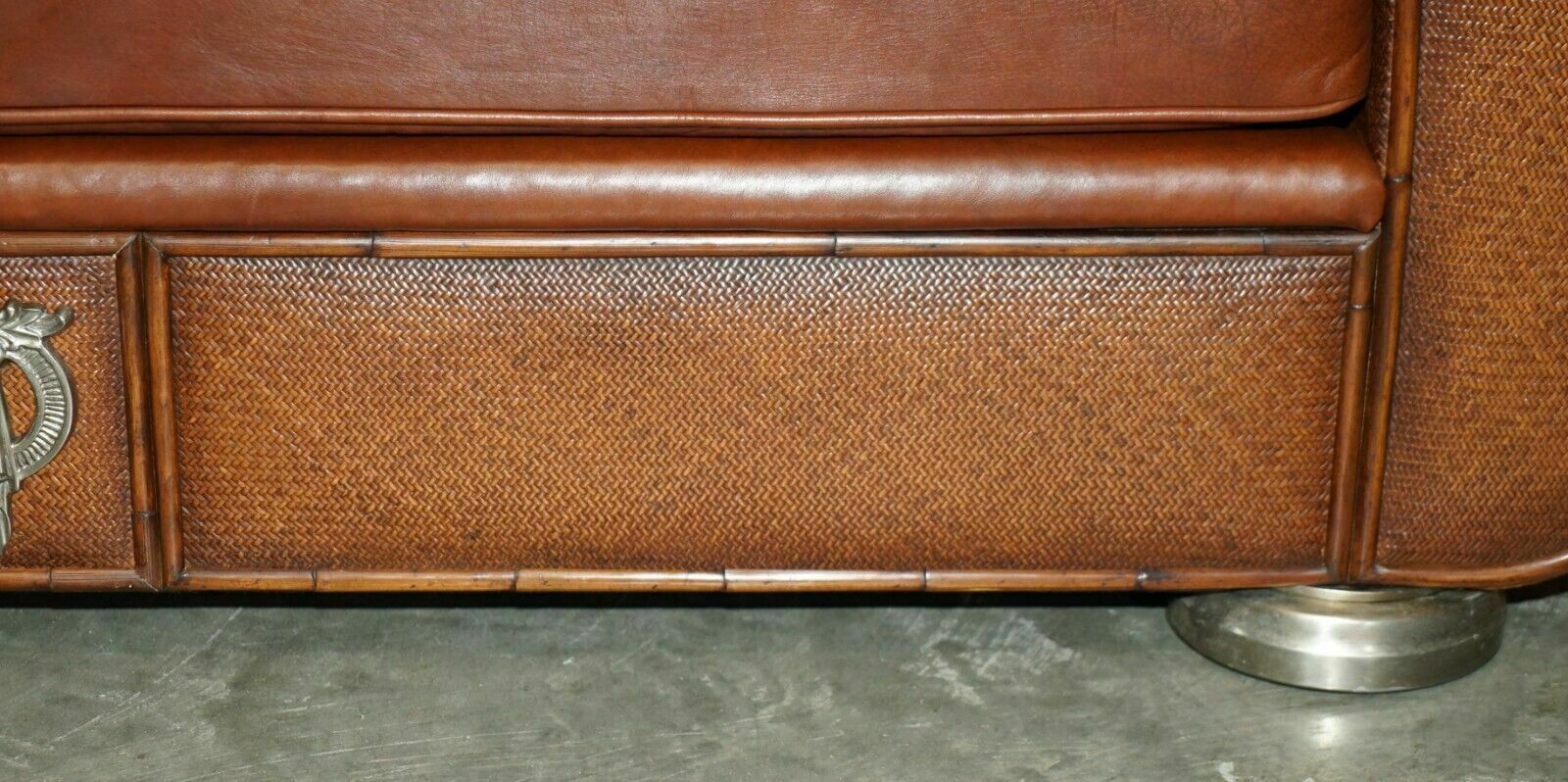photo vintage Rare Pair Of Thomasville Safari Brown Leather Woven Sofas Part Of Large Suite