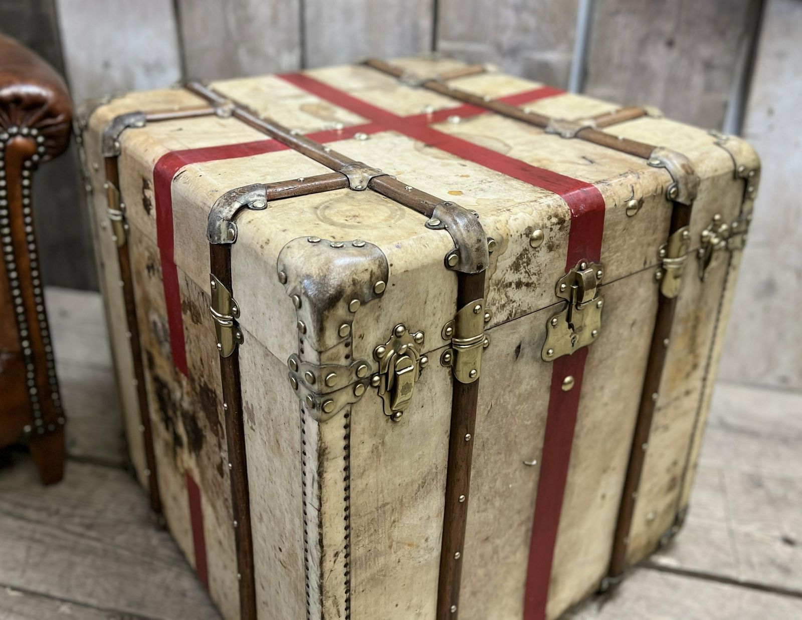 Antique Vellum Trunk , Travel Case , End Table , Rare Luggage photo buy