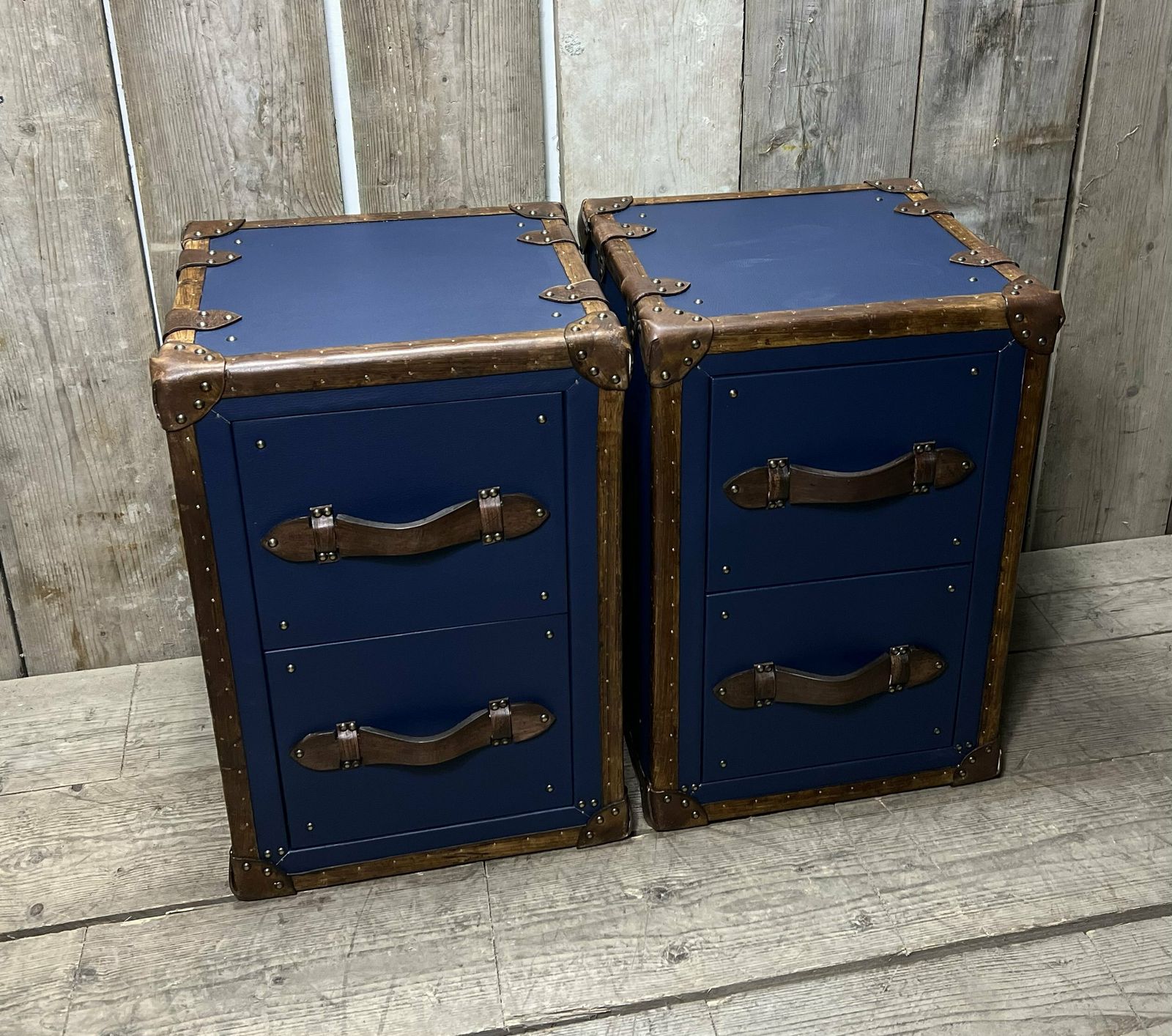 Pebble Blue Hand Dyed Tan Leather End Tables Bed Side Trunks Draws Bedroom Furniture