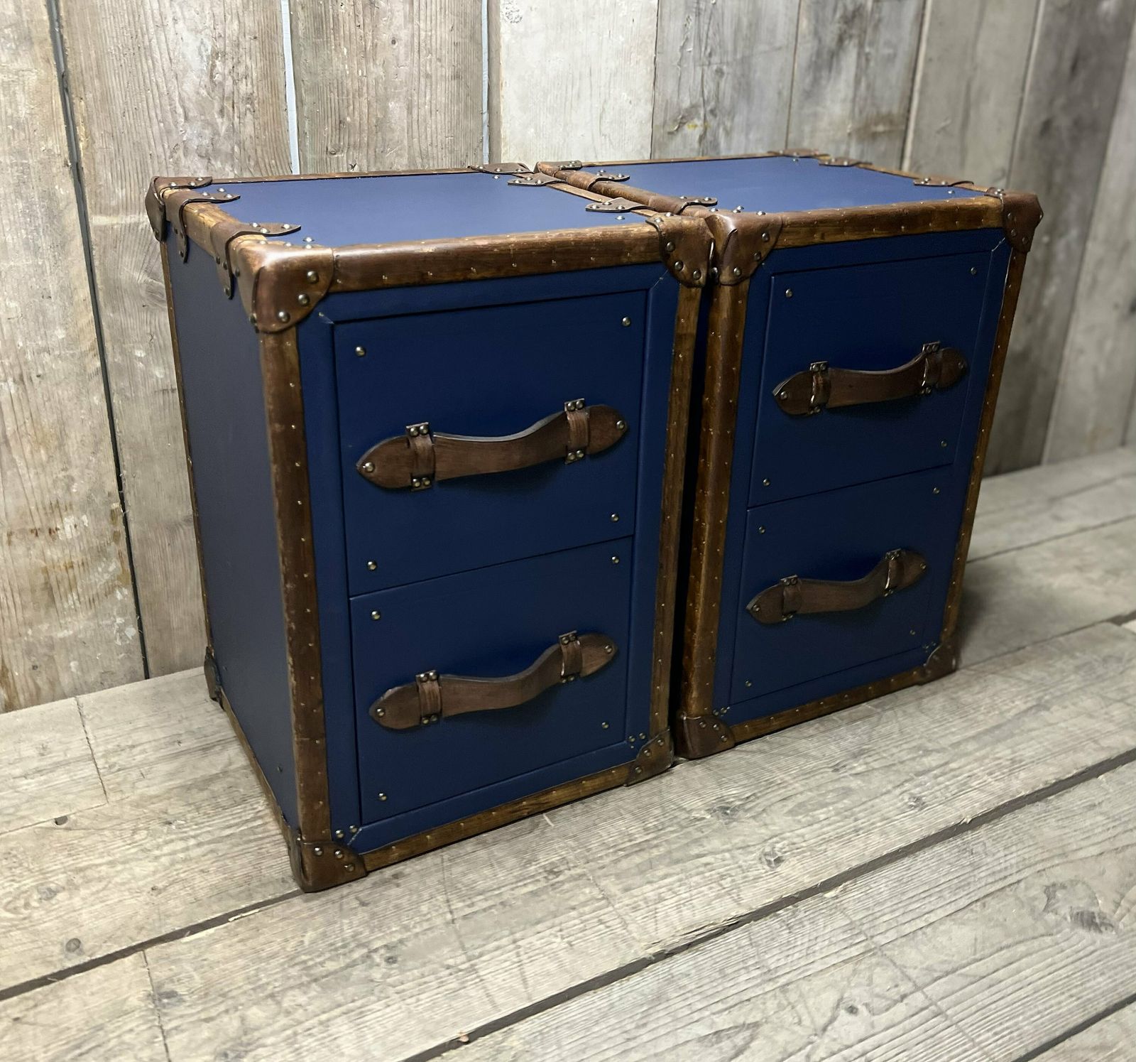 Pebble Blue Hand Dyed Tan Leather End Tables Bed Side Trunks Draws Bedroom Furniture photo for sale
