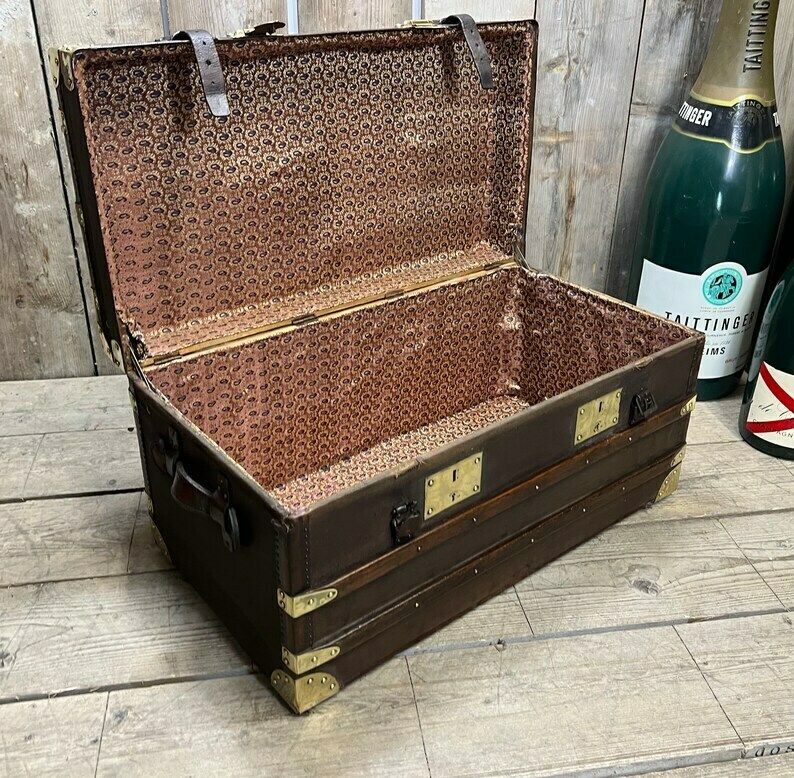 Beautiful Antique Travel Trunk Leather Brass & Wood Coffee Table End Table Home Decor photo vintage