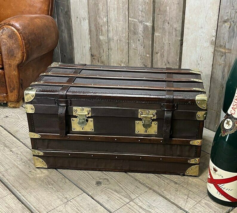 photo for sale Beautiful Antique Travel Trunk Leather Brass & Wood Coffee Table End Table Home Decor