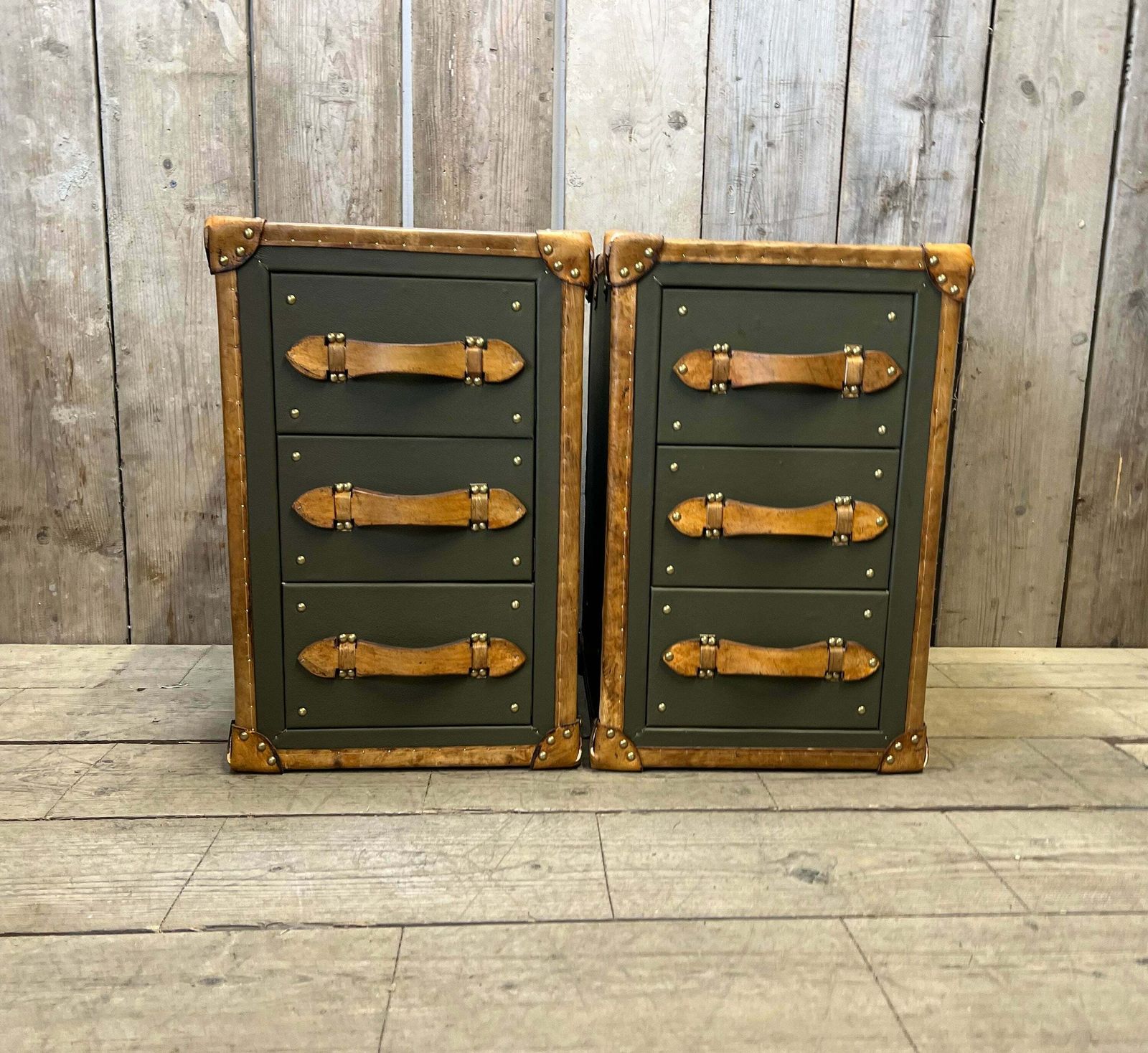 Luxury Olive Green Leather & Hand Dyed Leather Trim Nightstands Vanities Bedroom Decor