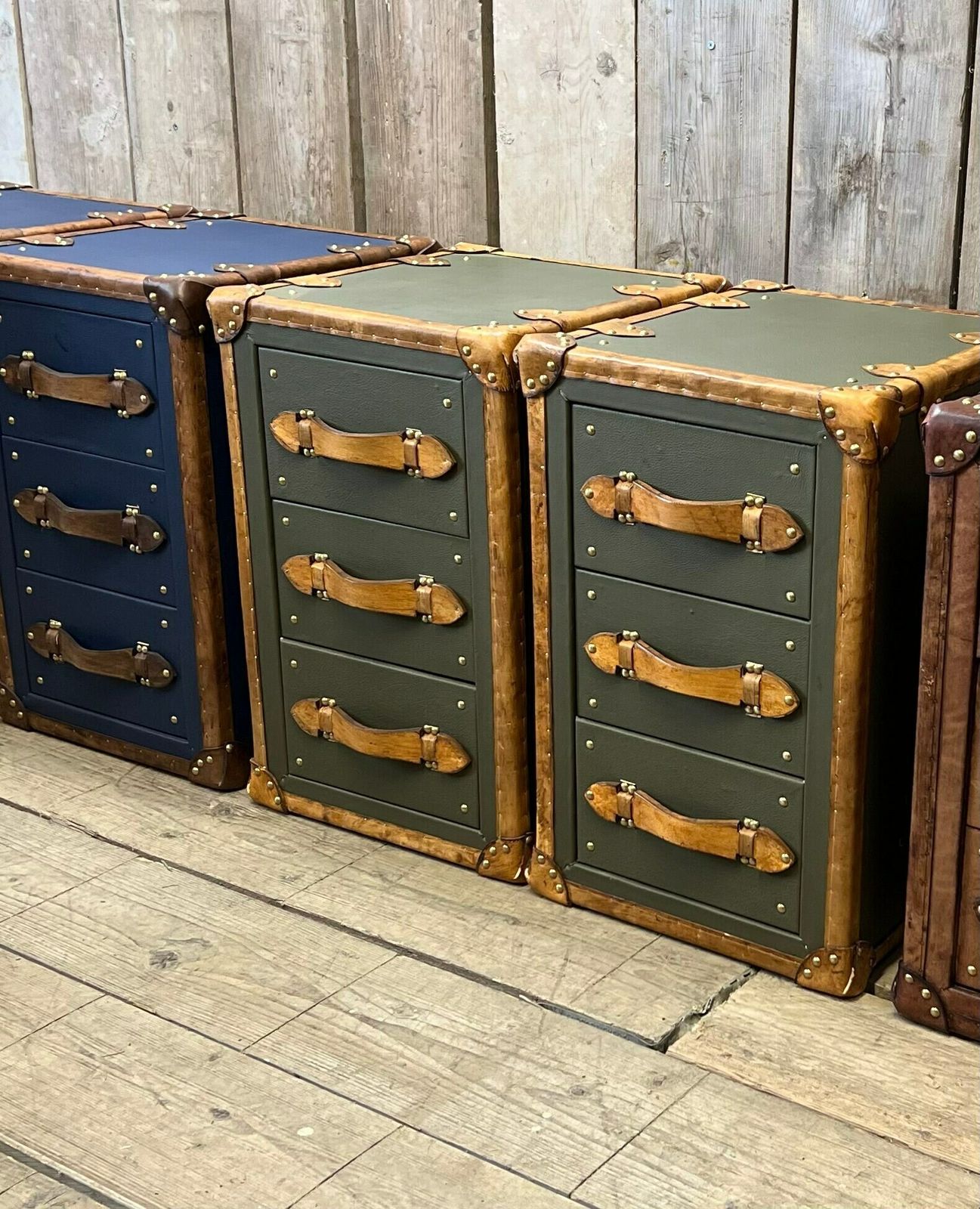 Luxury Olive Green Leather & Hand Dyed Leather Trim Nightstands Vanities Bedroom Decor photo vinterior