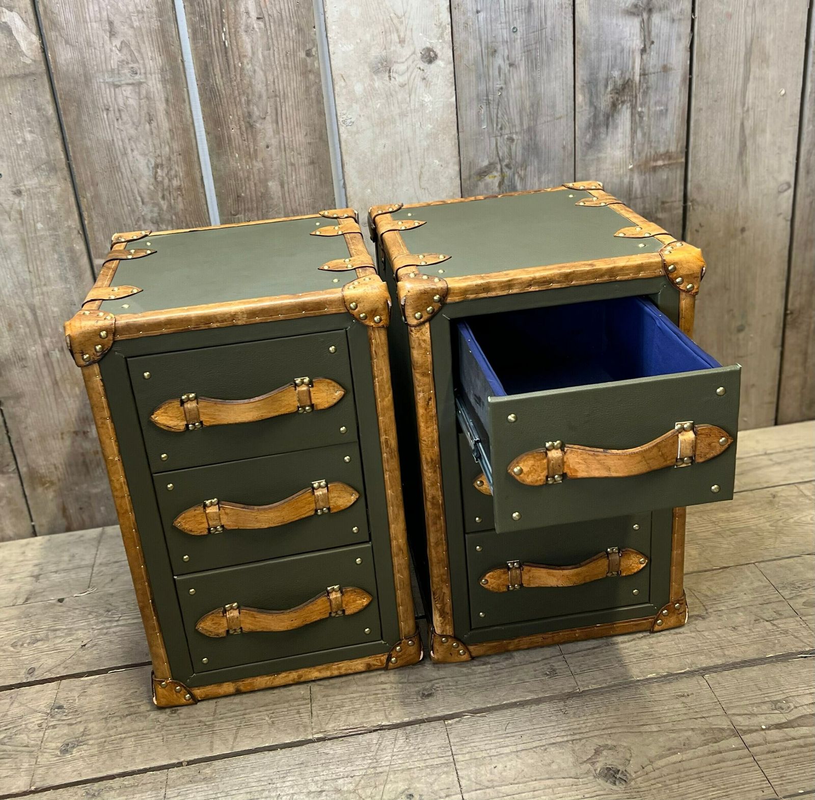 Luxury Olive Green Leather & Hand Dyed Leather Trim Nightstands Vanities Bedroom Decor photo vintage