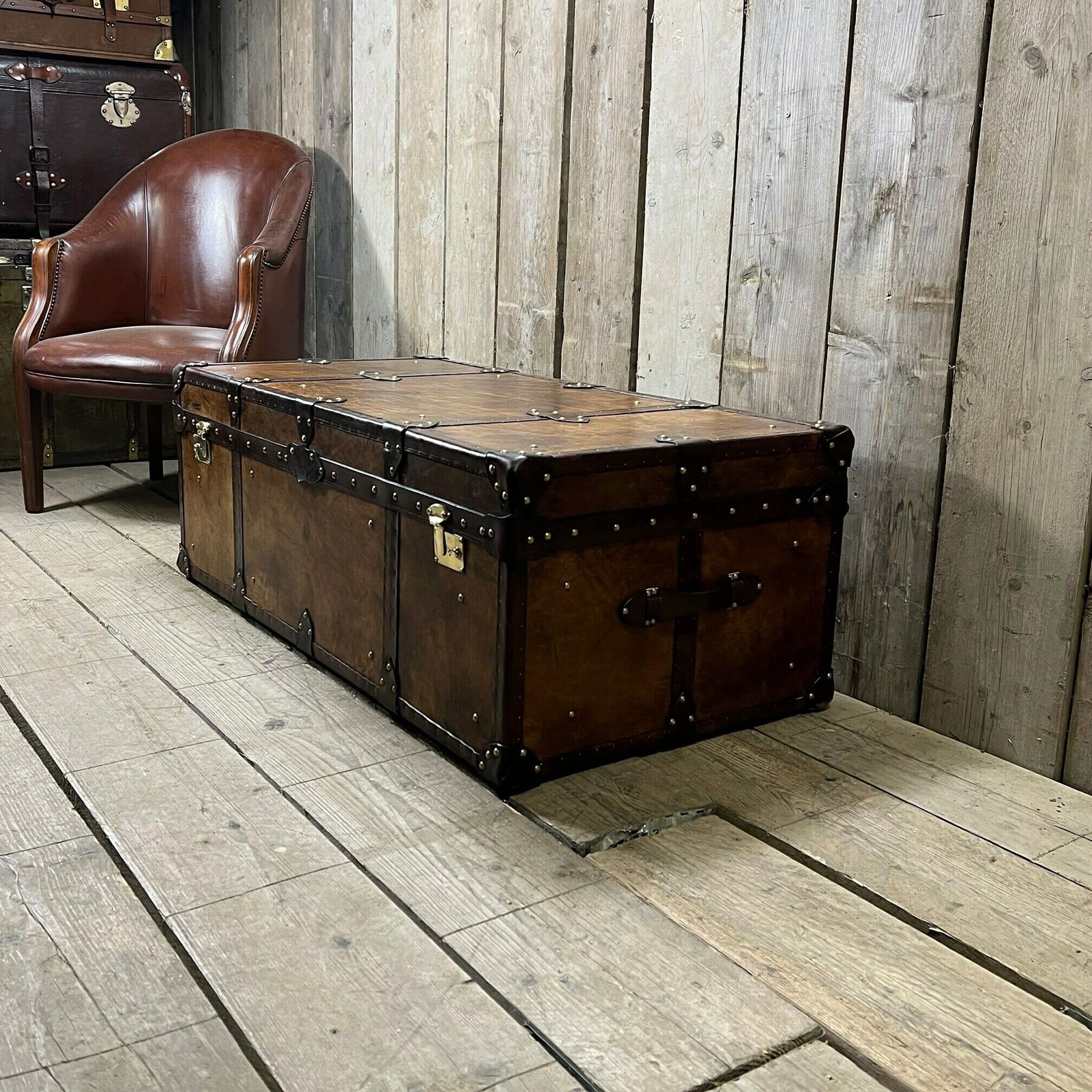 English Coffee Table, Hand Dyed Medium Brown Leather Trunk, Room Decor, Leather Craft, Traditionally Made, photo for sale