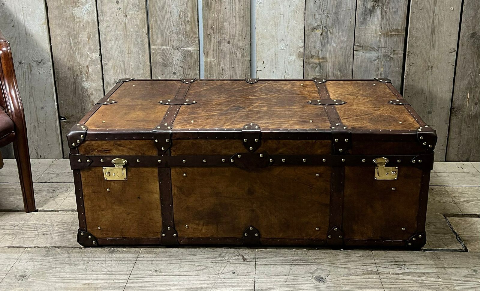 English Coffee Table, Hand Dyed Medium Brown Leather Trunk, Room Decor, Leather Craft, Traditionally Made, photo 2069.0