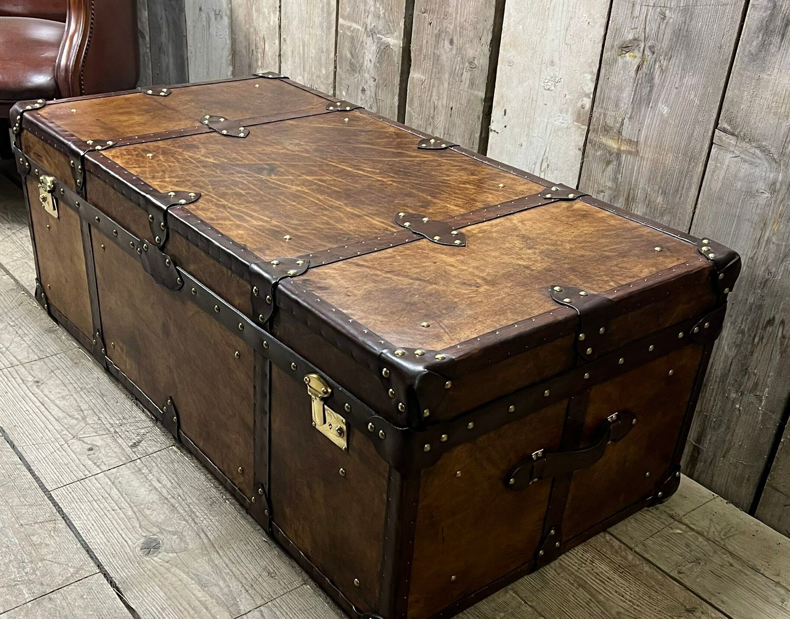 photo furniture English Coffee Table, Hand Dyed Medium Brown Leather Trunk, Room Decor, Leather Craft, Traditionally Made,