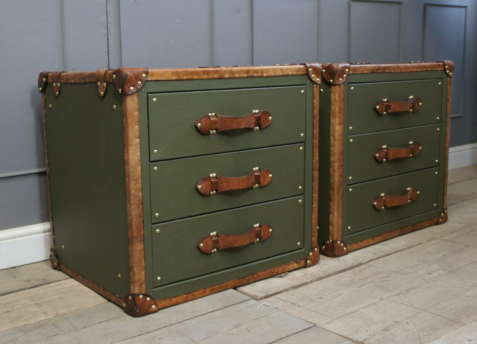 Luxury Leather Olive Green Tan Leather Trimmed Occasional Night Stands Vanities Bedroom Furniture Draws Consoles photo buy