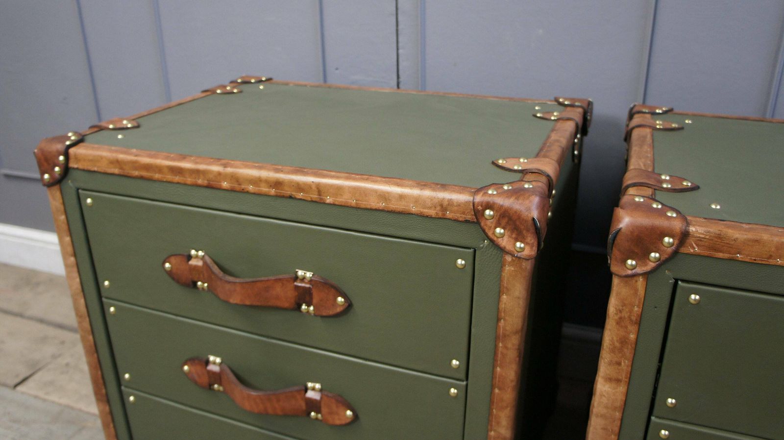 Luxury Leather Olive Green Tan Leather Trimmed Occasional Night Stands Vanities Bedroom Furniture Draws Consoles photo vintage