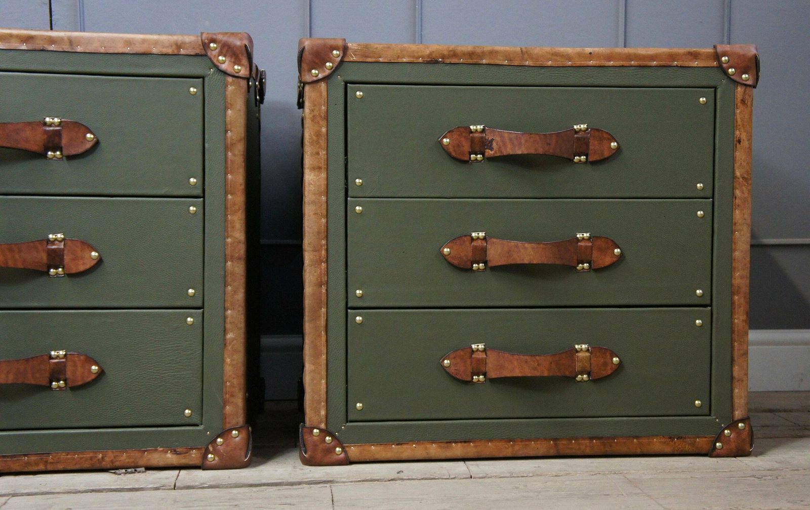photo for sale Luxury Leather Olive Green Tan Leather Trimmed Occasional Night Stands Vanities Bedroom Furniture Draws Consoles