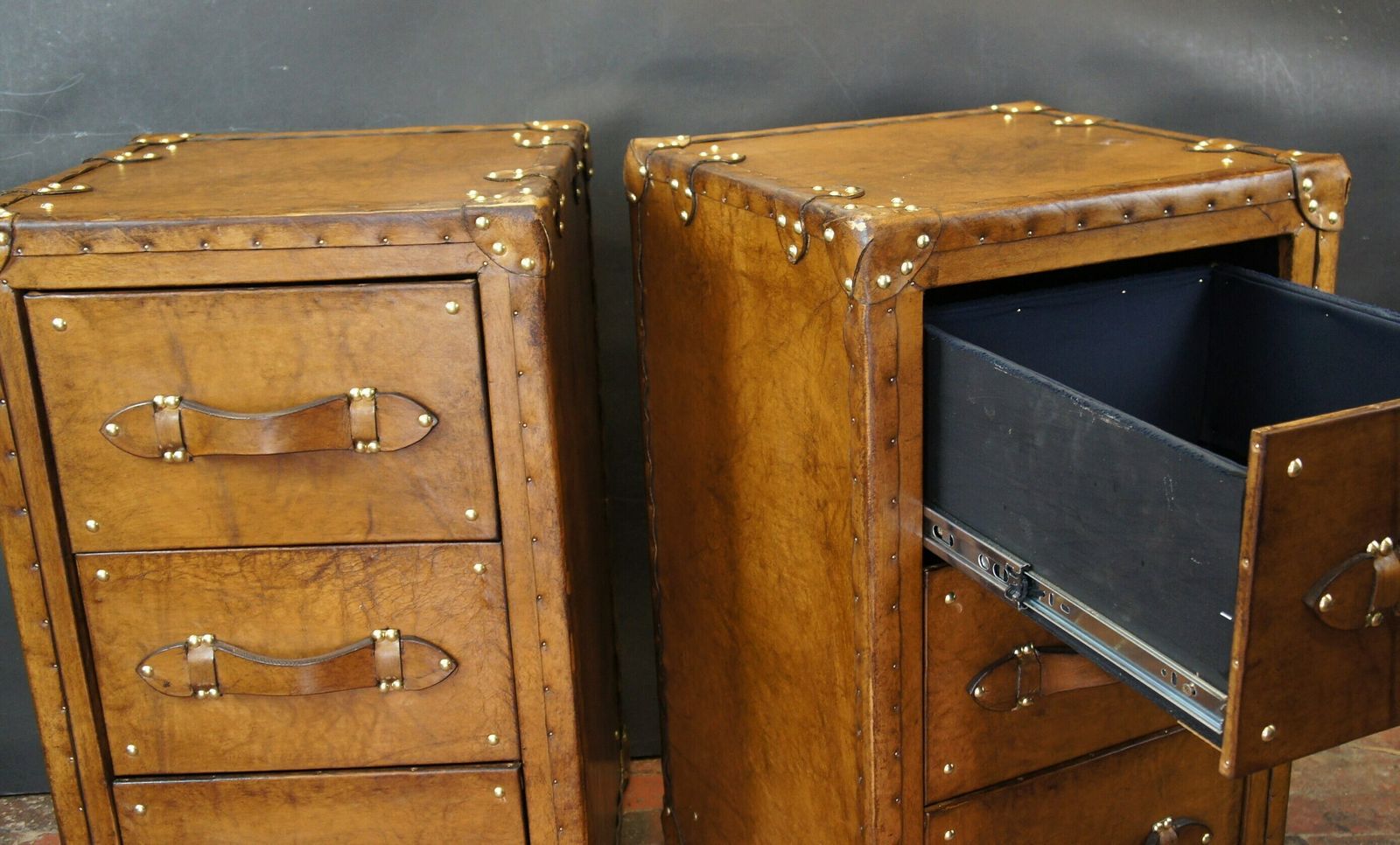 London Leather Nightstands, Luxury Handmade Console Tables, Bedroom Side Tables, Luxury Leather Craft photo vintage