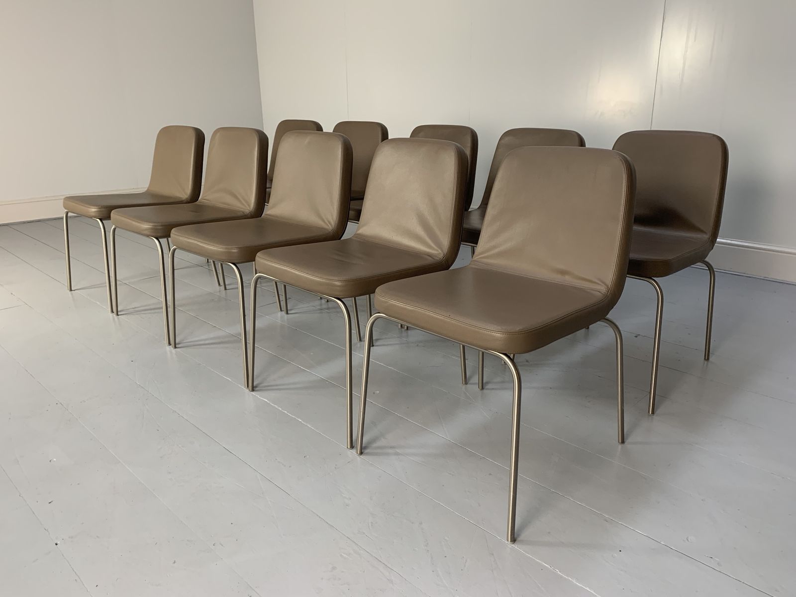 10 Minotti “Arp 1” Dining Chairs – In Taupe Leather