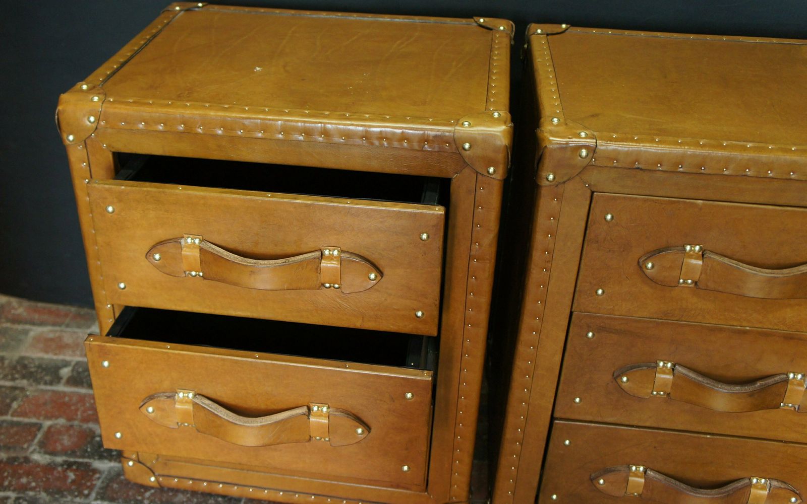 London Tan Leather Nightstands Bespoke Handmade English Room Decor Bedroom Furniture photo vintage