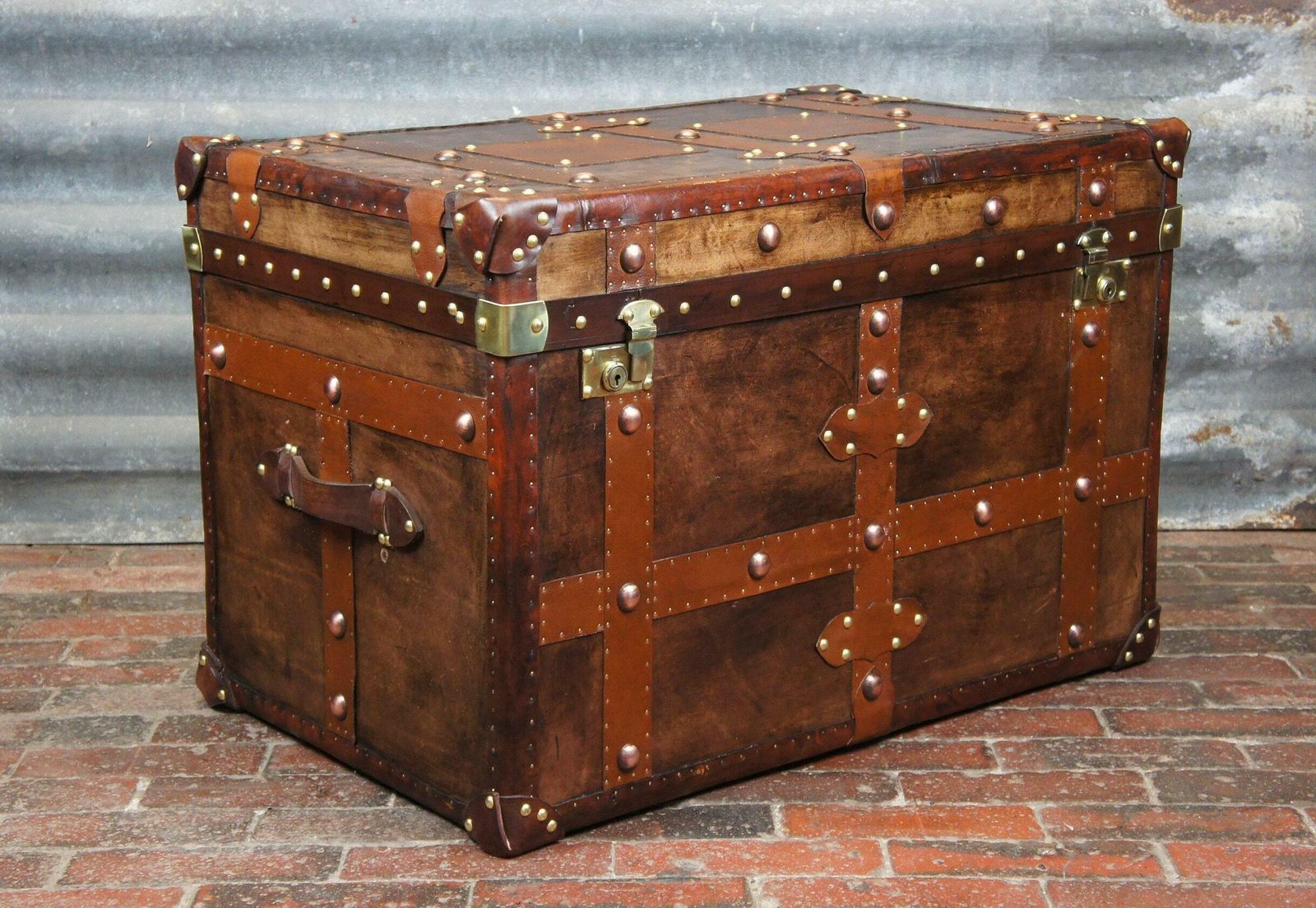 Antique Inspired English Leather Steamer Trunk Interior Coffee Table End Table photo for sale