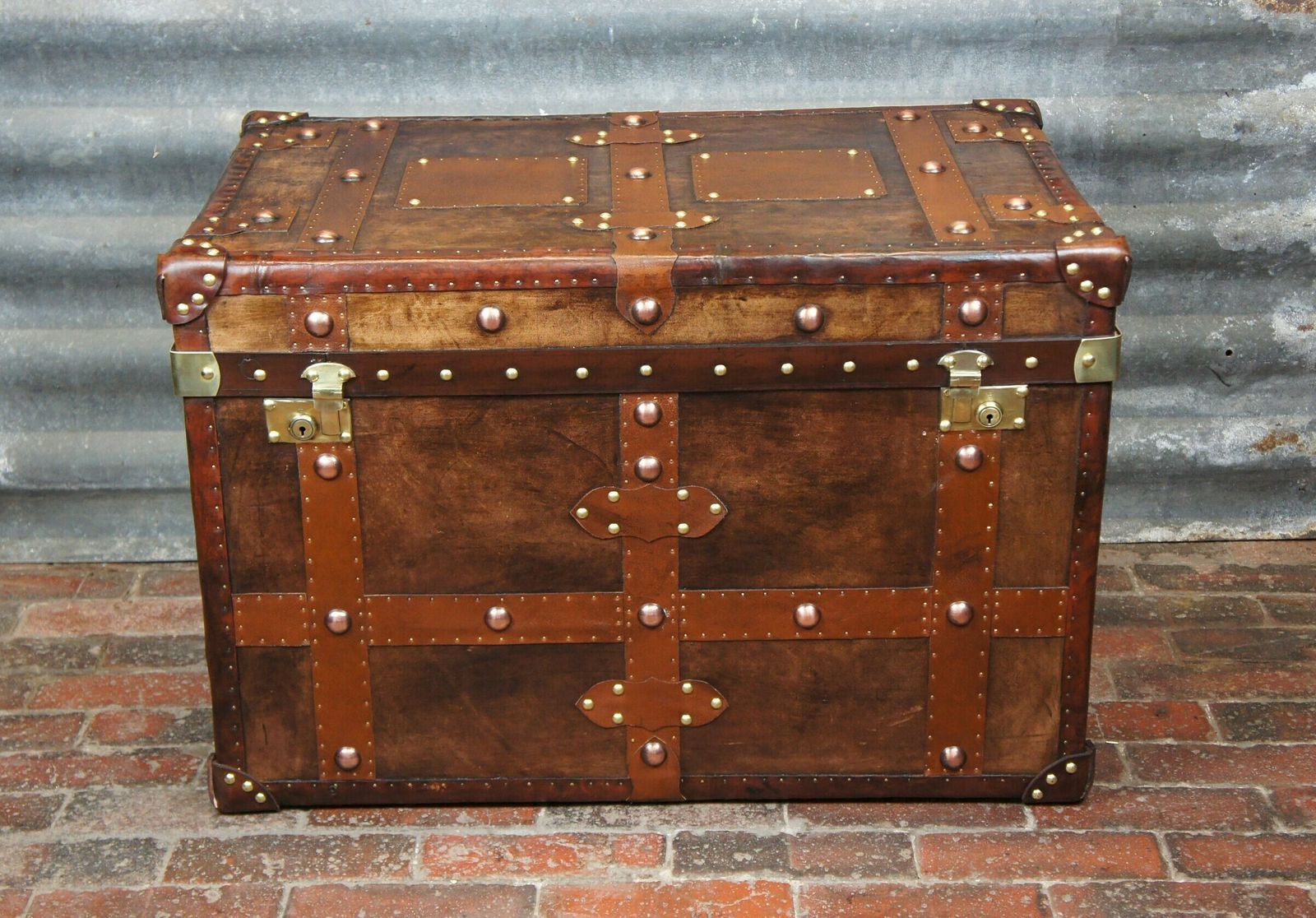 Antique Inspired English Leather Steamer Trunk Interior Coffee Table End Table photo vintage