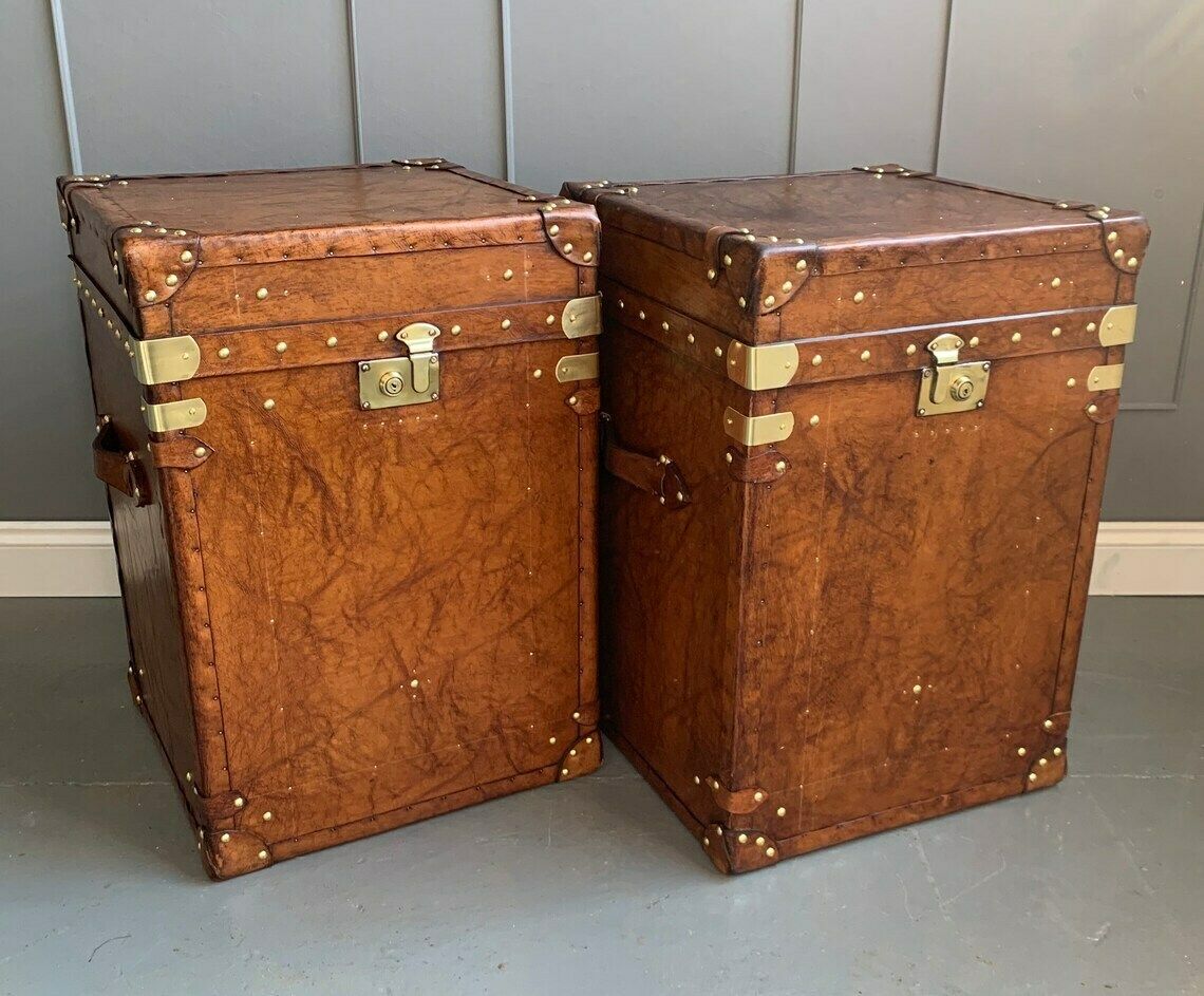 Library End Table Leather Colonial British Travel Trunks Room Decor photo vinterior