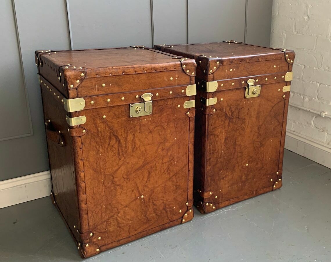 Library End Table Leather Colonial British Travel Trunks Room Decor photo vintage