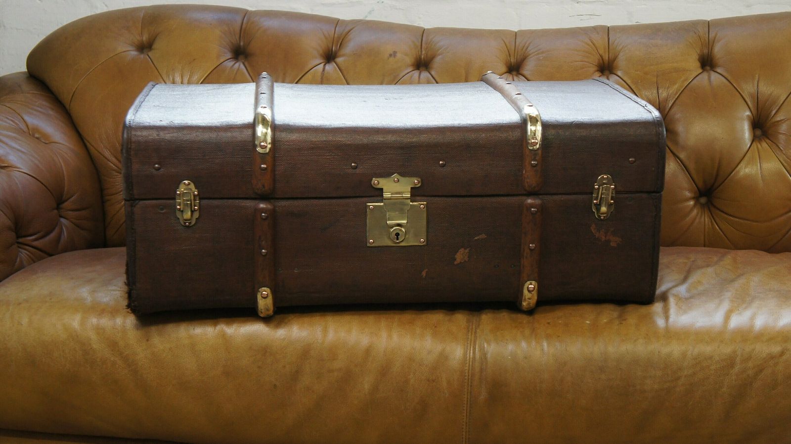 English Wood And Banded Travel Trunk photo for sale
