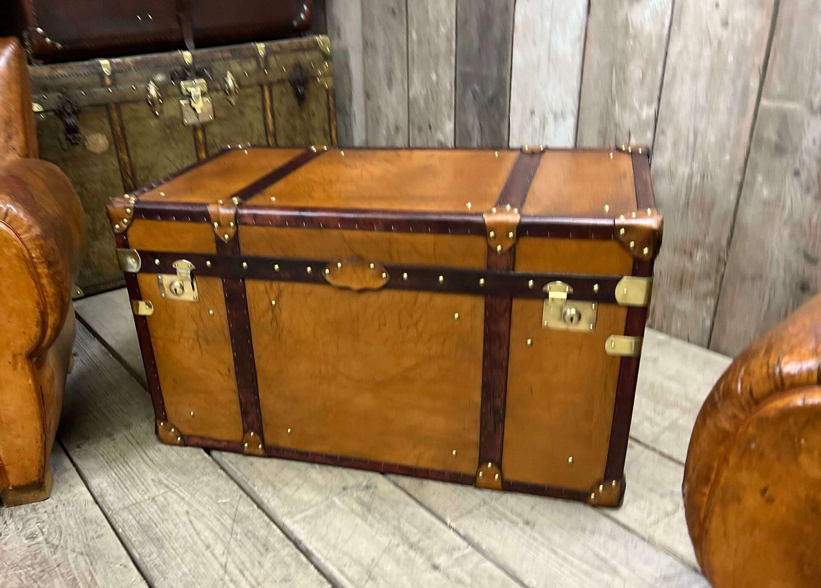 London Tan Leather Vintage Inspired Travel Trunk End Table Coffee Table English Handmade In Nottingham photo furniture