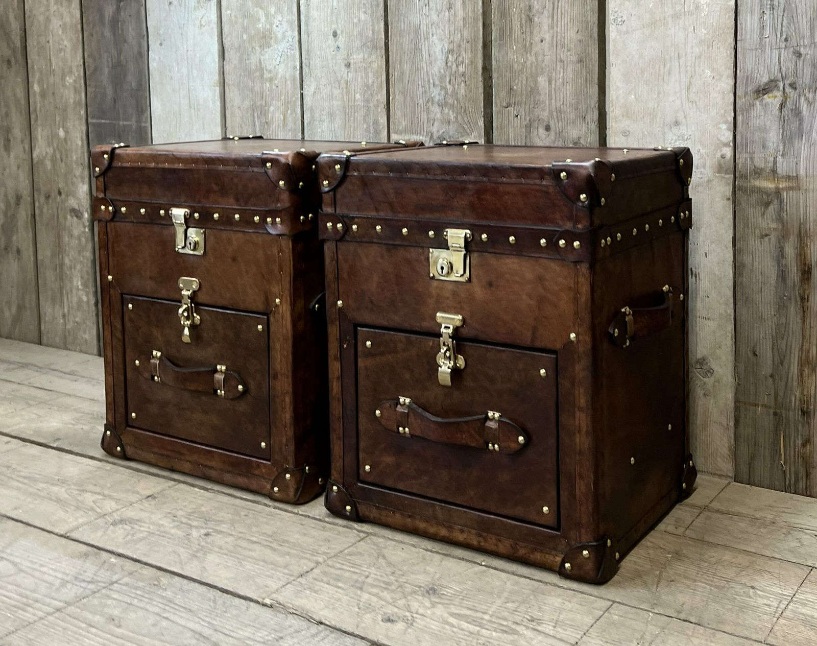 Pair Of Matching Hand Dyed Bridle Leather Occasional Side Table Trunks Vanities Night Stands Trunks Bedroom Furniture photo vintage