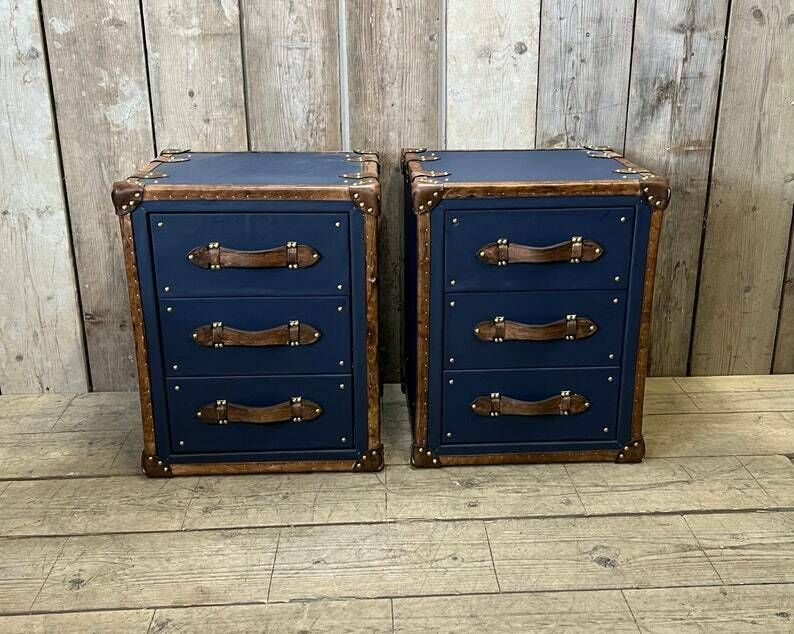 Luxury Pebble Blue Hand Dyed Trim Leather Nightstands Bedroom Furniture Chests photo furniture