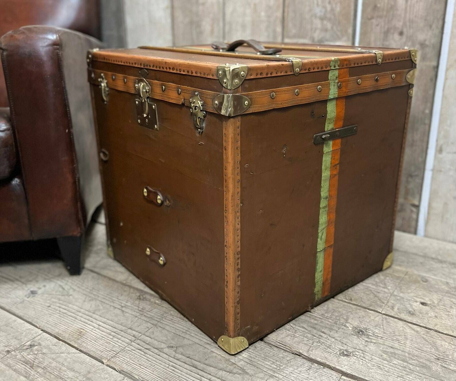 Huge Antique Square Travel Trunk Chest End Table Hatbox Trunk French Travel photo for sale