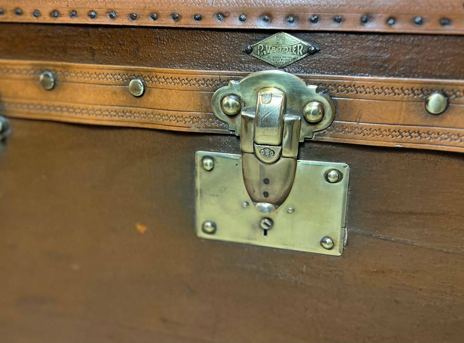 Huge Antique Square Travel Trunk Chest End Table Hatbox Trunk French Travel photo 1326.0