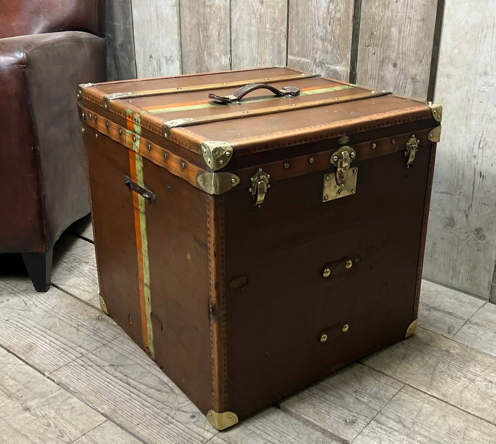 Huge Antique Square Travel Trunk Chest End Table Hatbox Trunk French Travel photo vintage