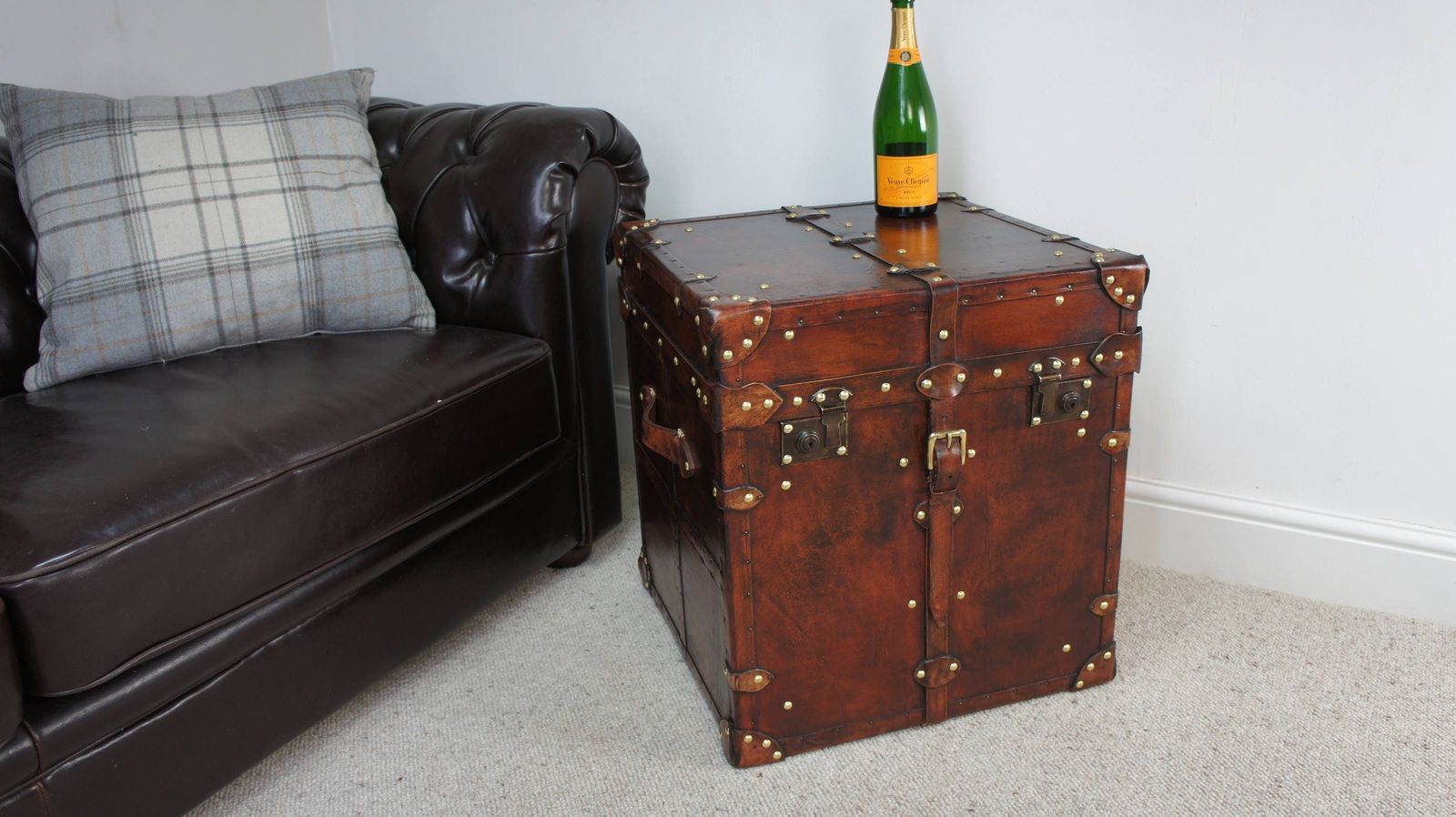 Finest English Occasional Side Table Trunk In Aged Tan Bridle Leather