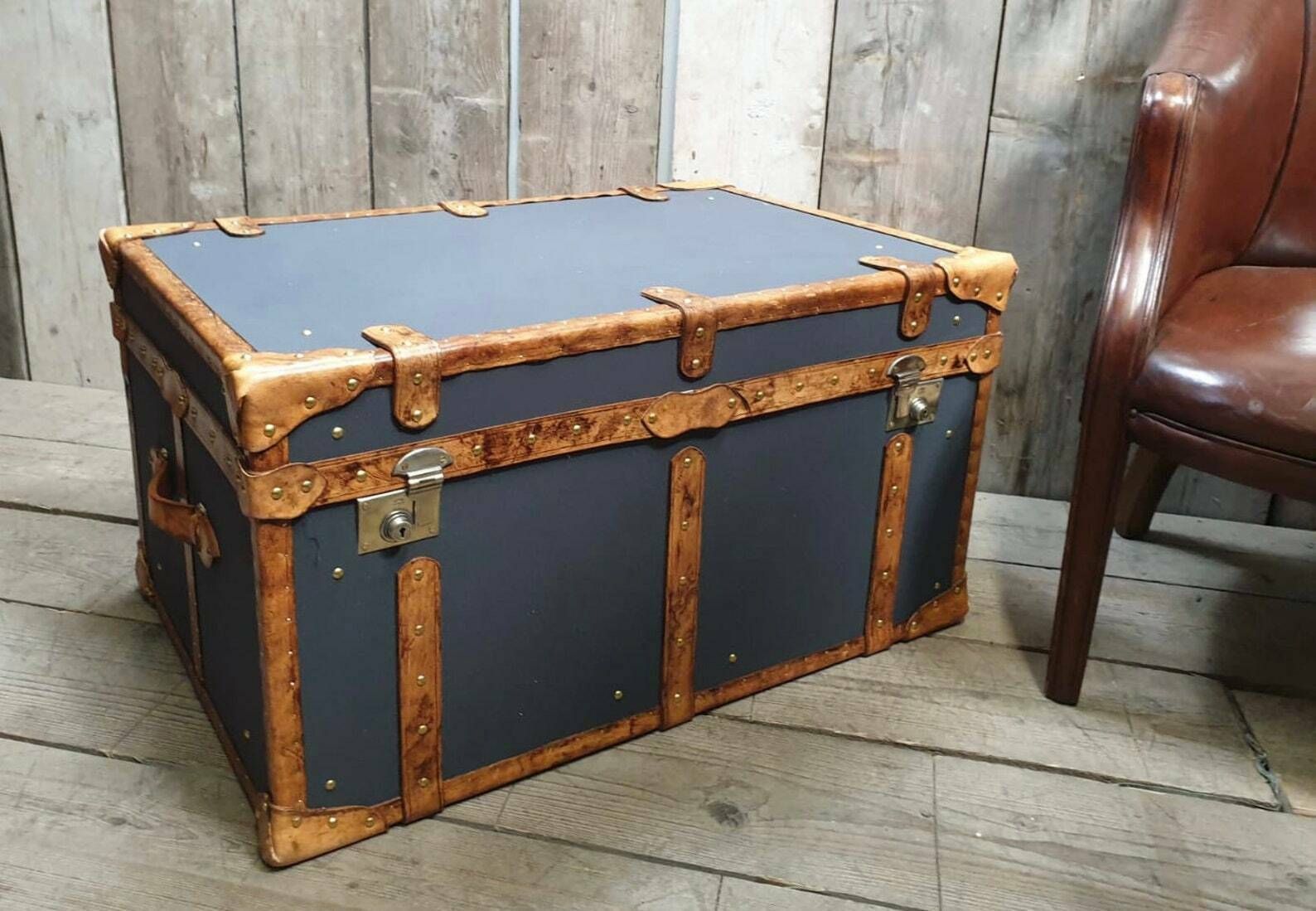 Charcoal Grey Millerain & Tan Leather Coffee Table End Table Home Decor Living Room