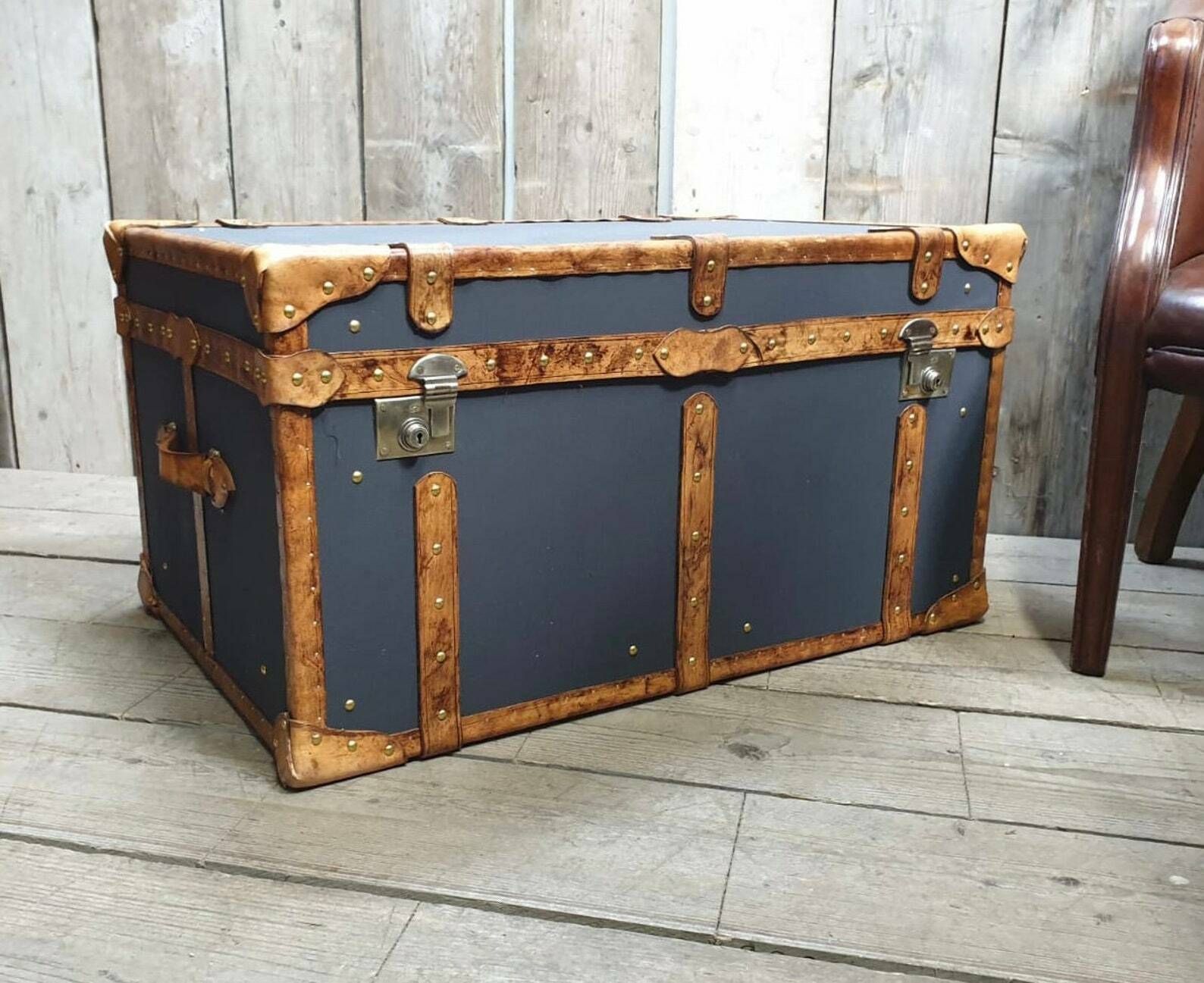 Charcoal Grey Millerain & Tan Leather Coffee Table End Table Home Decor Living Room photo Furniture