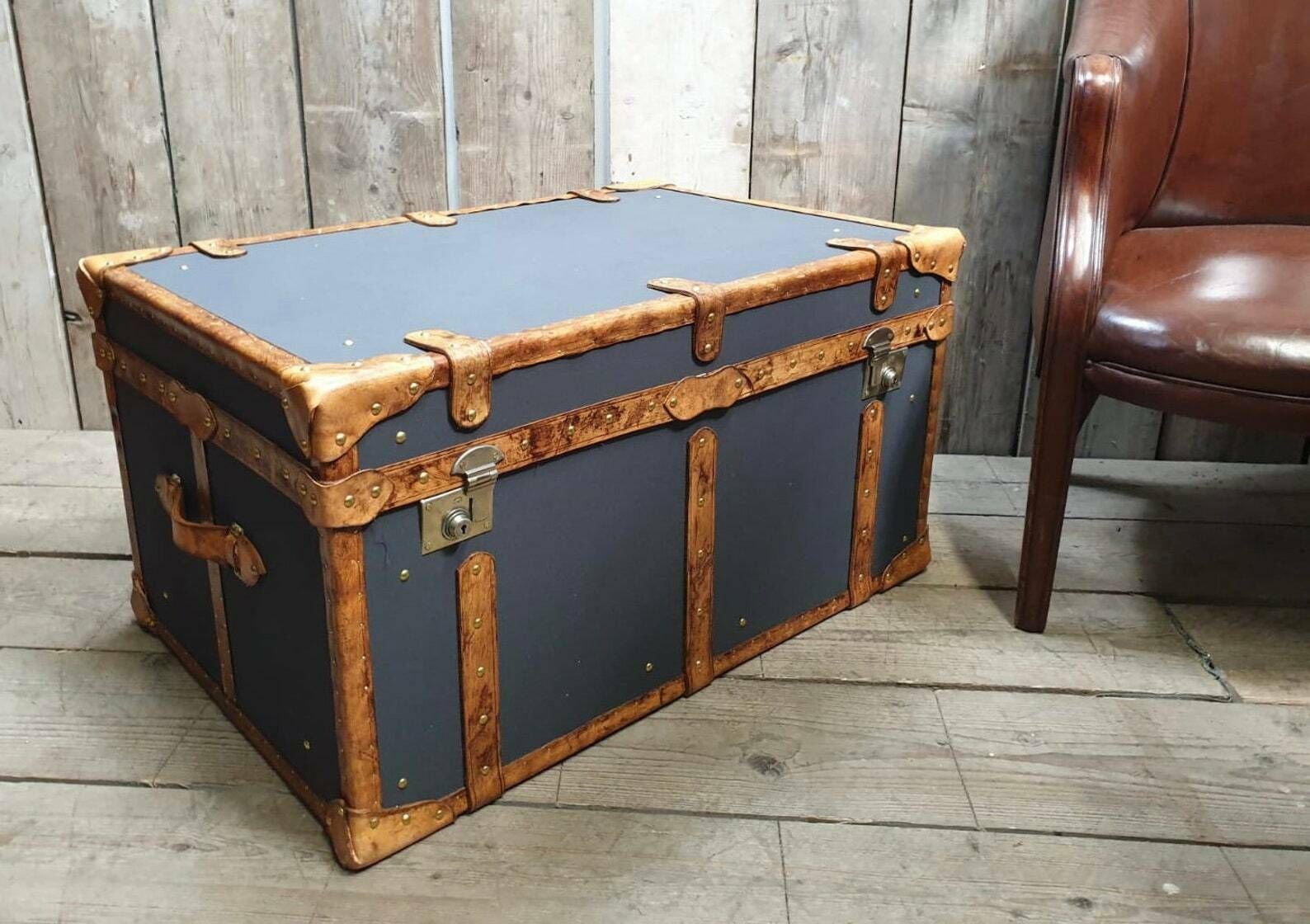 Charcoal Grey Millerain & Tan Leather Coffee Table End Table Home Decor Living Room photo vinterior