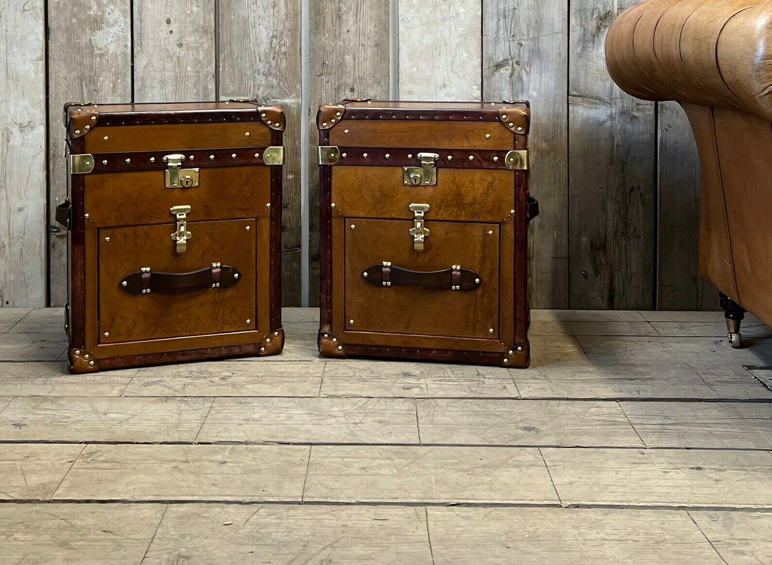 Pair Of Tan Leather Occasional Side Table Trunks Chests Home Decor Bedroom Furniture photo for sale