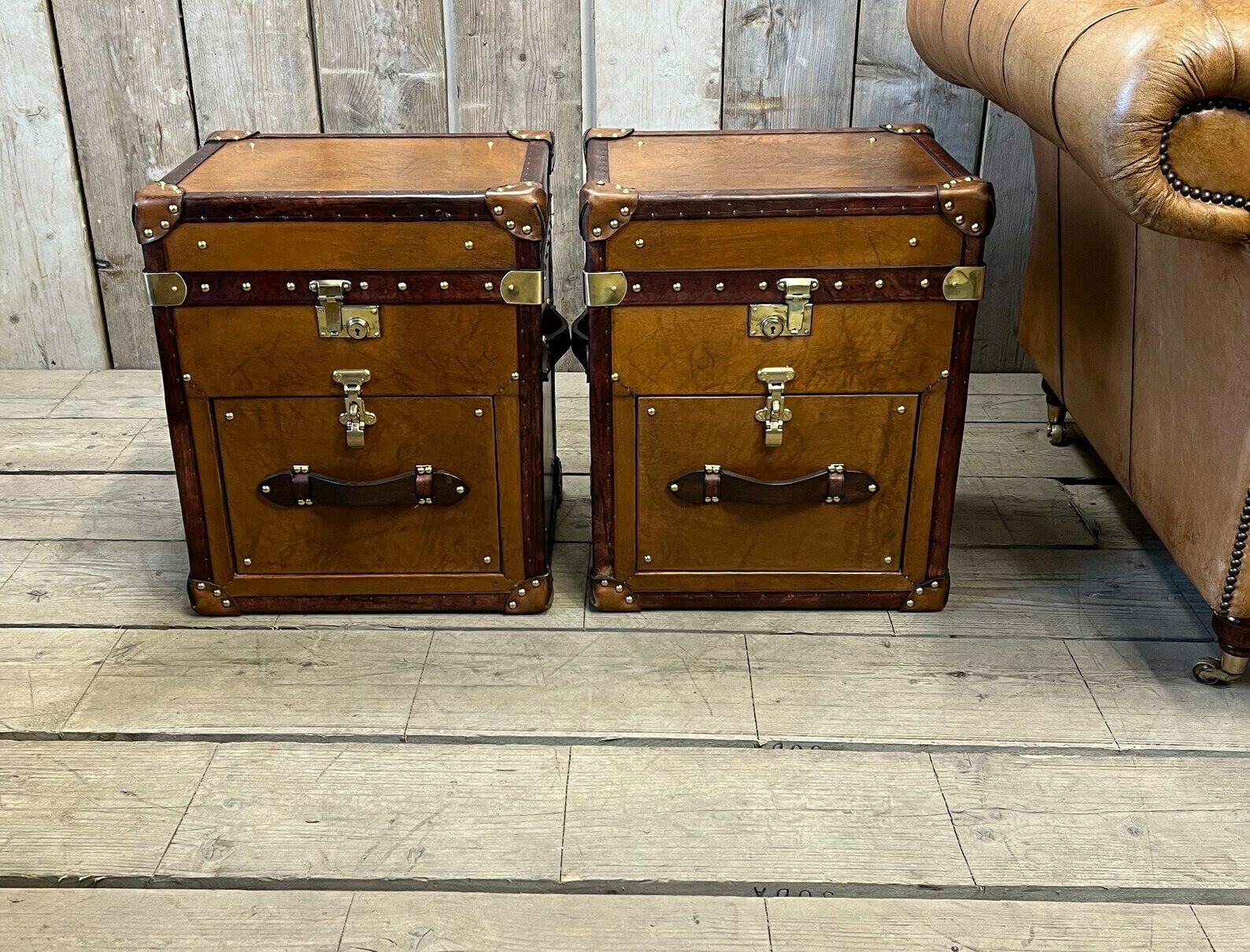 Pair Of Tan Leather Occasional Side Table Trunks Chests Home Decor Bedroom Furniture photo vintage
