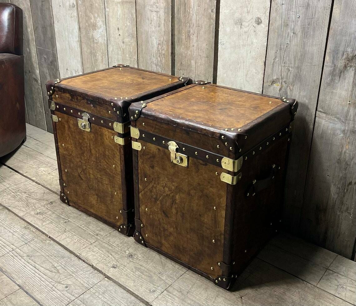 Hand Made Hand Dyed English Leather Traditional Travel Trunks Hone Decor End Tables