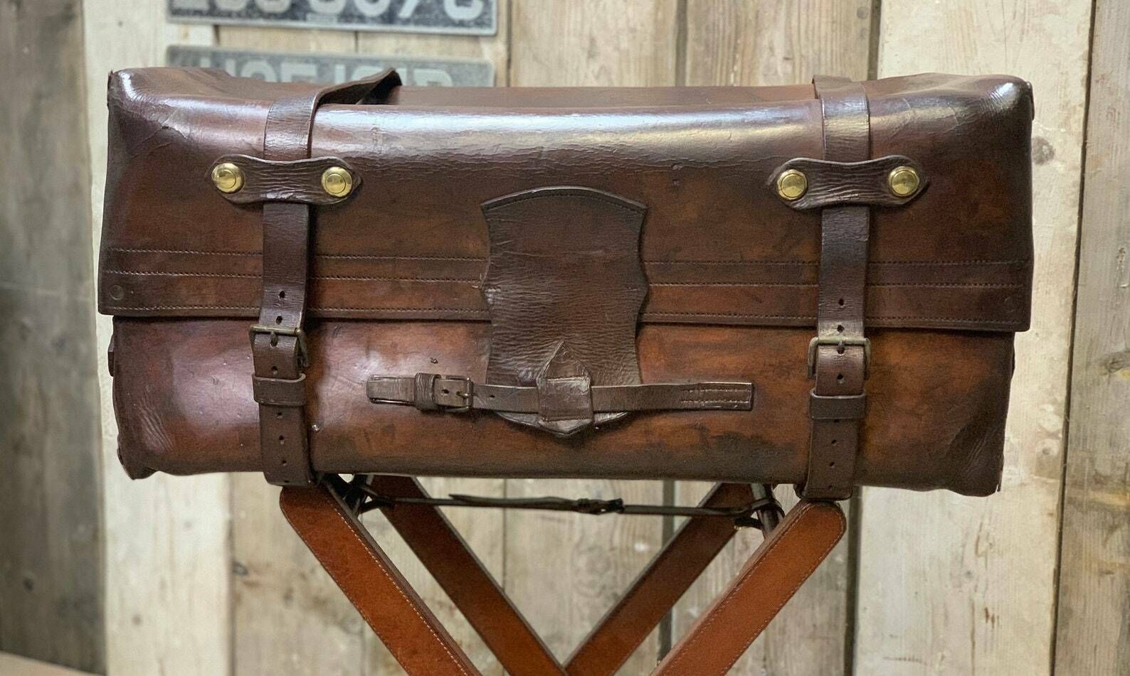 Victorian Solid Leather Antique Portmanteau Travel Trunk photo furniture