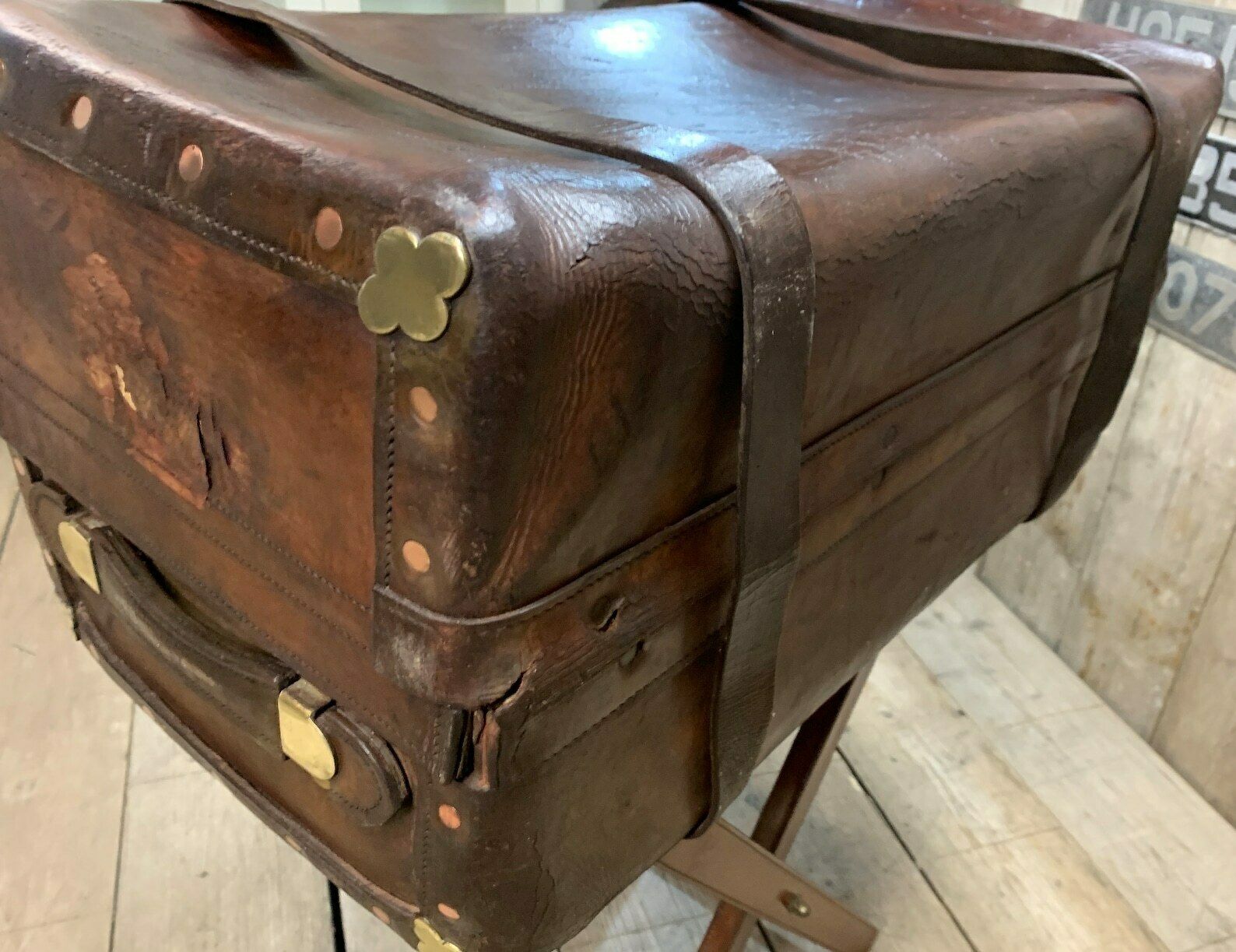 photo for sale Victorian Solid Leather Antique Portmanteau Travel Trunk