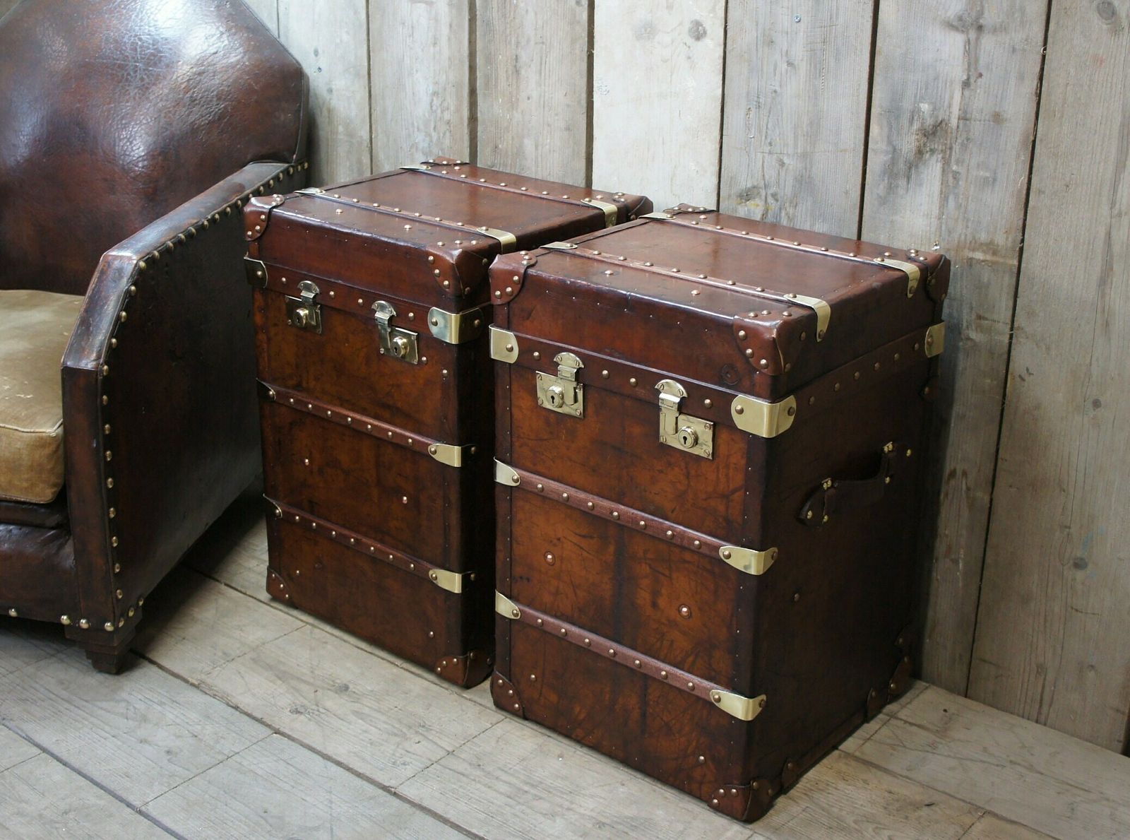 Ski Lodge Antique Leather Console Tables Luxury Bespoke English Leather Crafted Nightstands End Tables Sublime Patina photo furniture