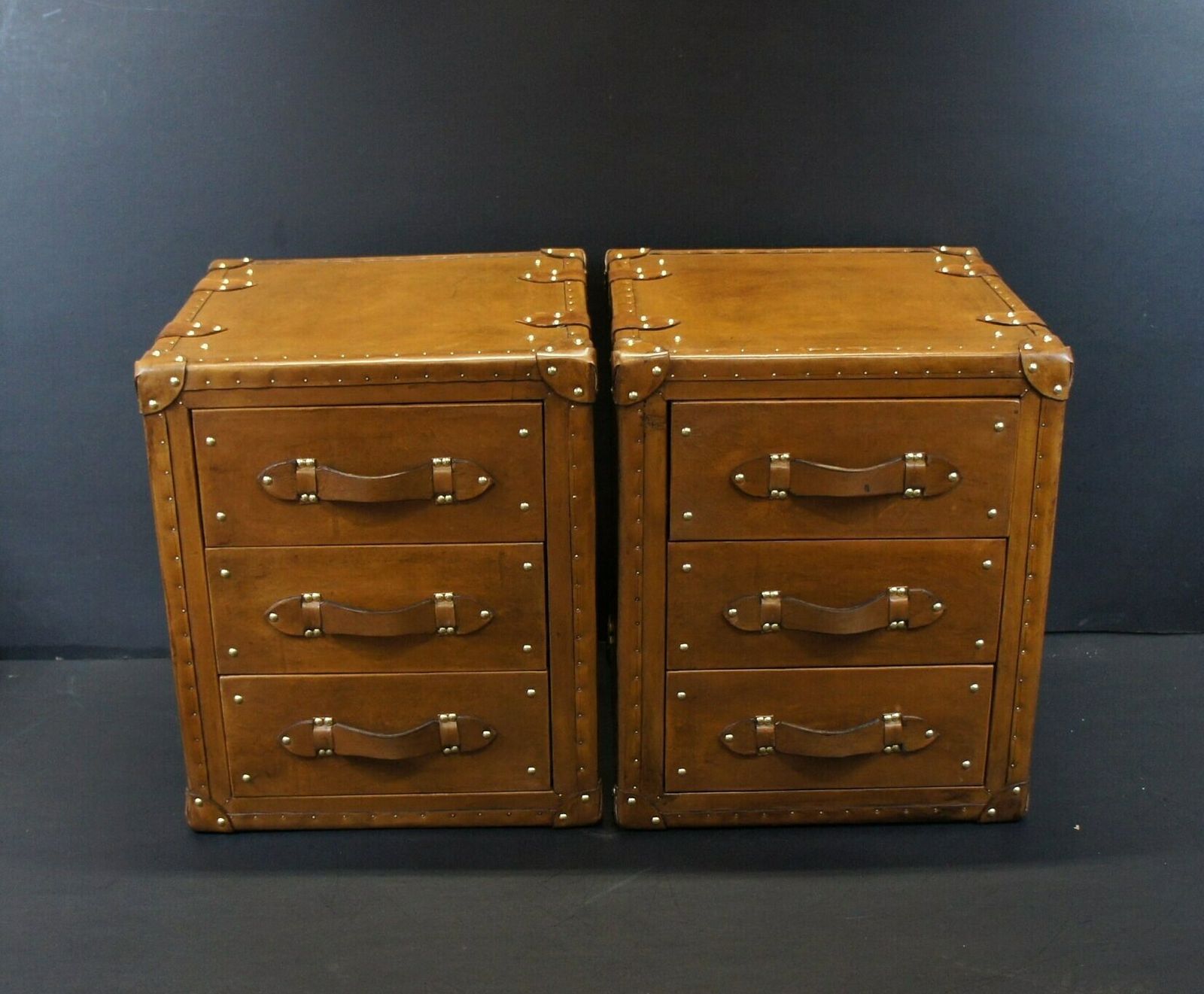Pair Of Luxury Leather 3 Draw Nightstands In London Tan Nightstands Vanities Bedroom Furniture photo vinterior