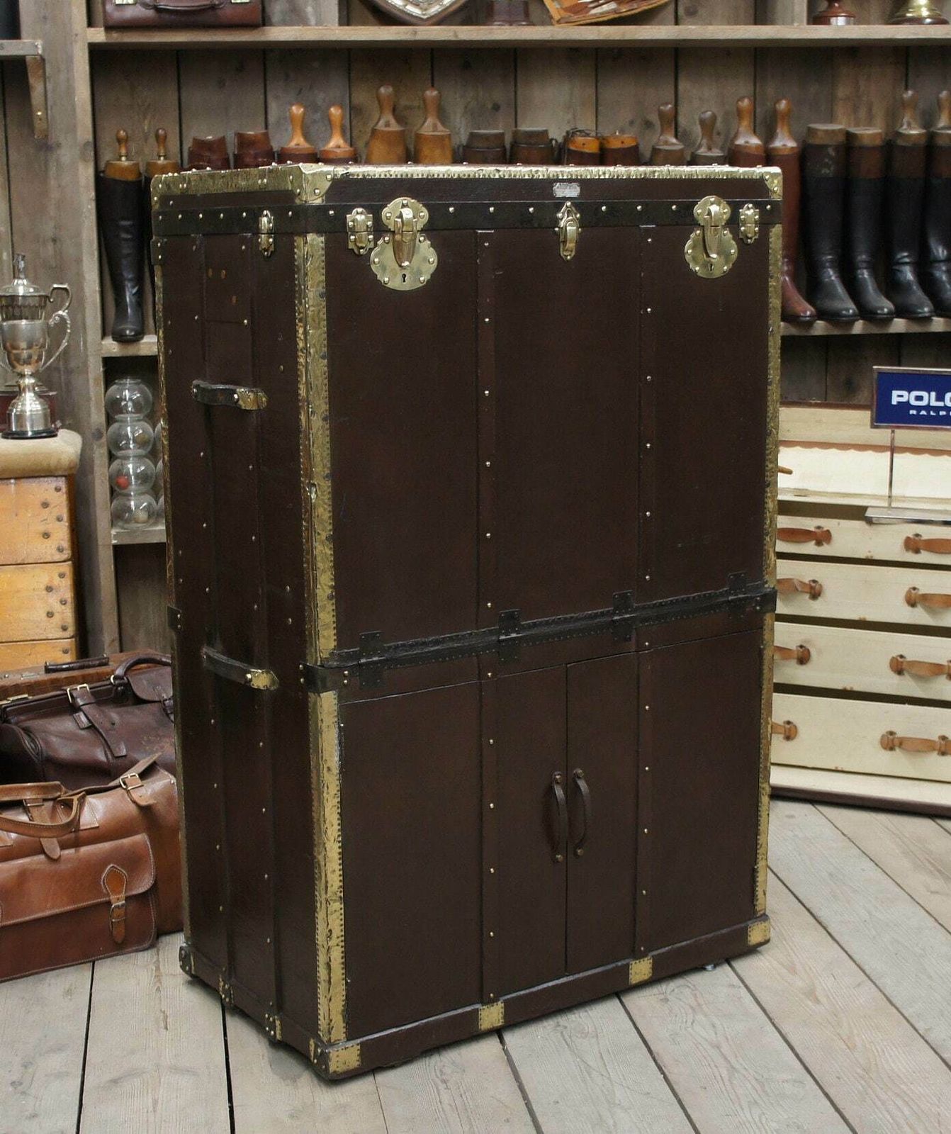 1920s Large Antique Garment Gown Trunk Brass Bound Reception Furniture