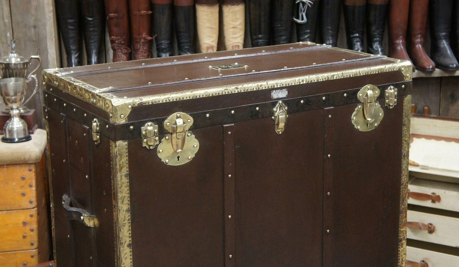 1920s Large Antique Garment Gown Trunk Brass Bound Reception Furniture photo Furniture