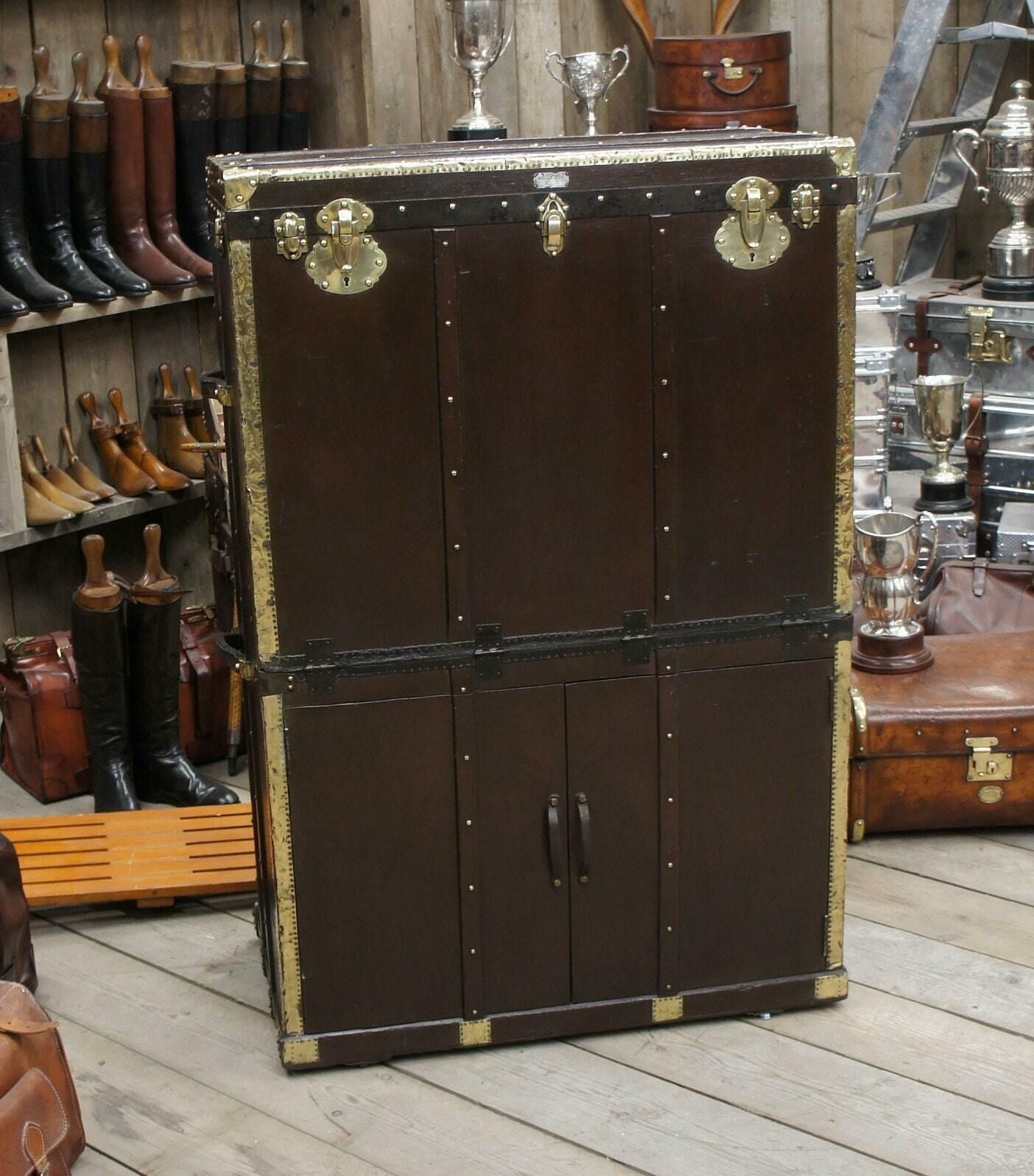 1920s Large Antique Garment Gown Trunk Brass Bound Reception Furniture photo 2299.0
